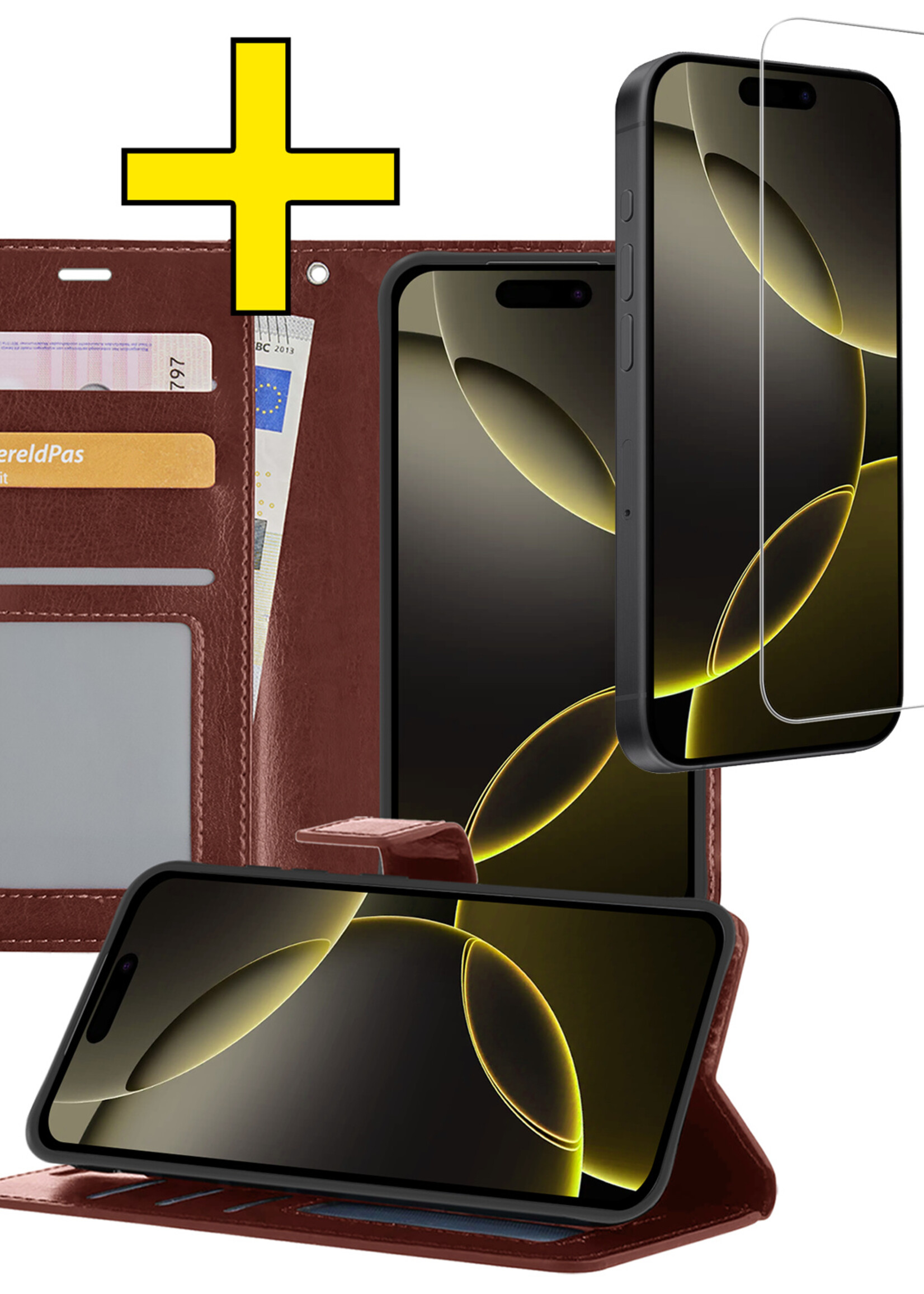 LUQ Hoesje Geschikt voor iPhone 16 Pro Hoesje Book Case Hoes Wallet Cover Met Screenprotector - Hoes Geschikt voor iPhone 16 Pro Hoesje Bookcase Hoes - Bruin