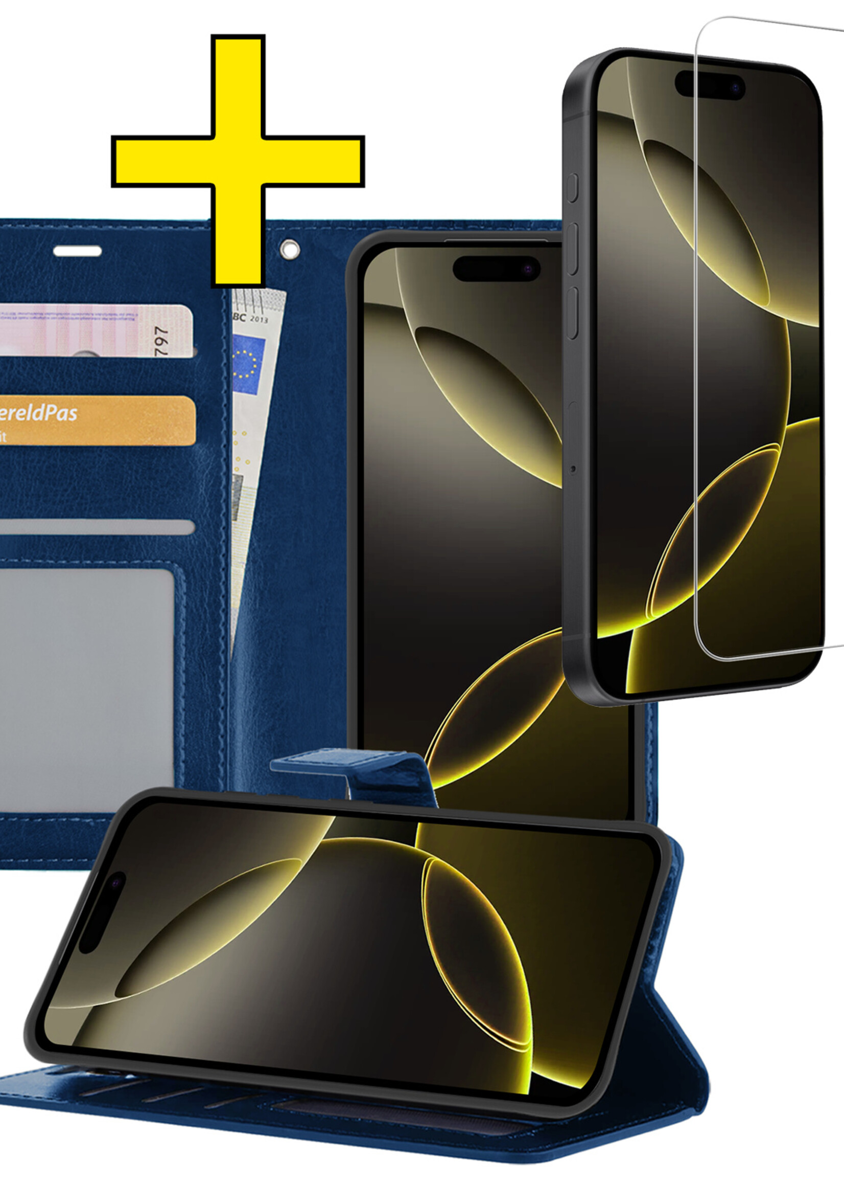 LUQ Hoesje Geschikt voor iPhone 16 Pro Hoesje Book Case Hoes Wallet Cover Met Screenprotector - Hoes Geschikt voor iPhone 16 Pro Hoesje Bookcase Hoes - Donkerblauw