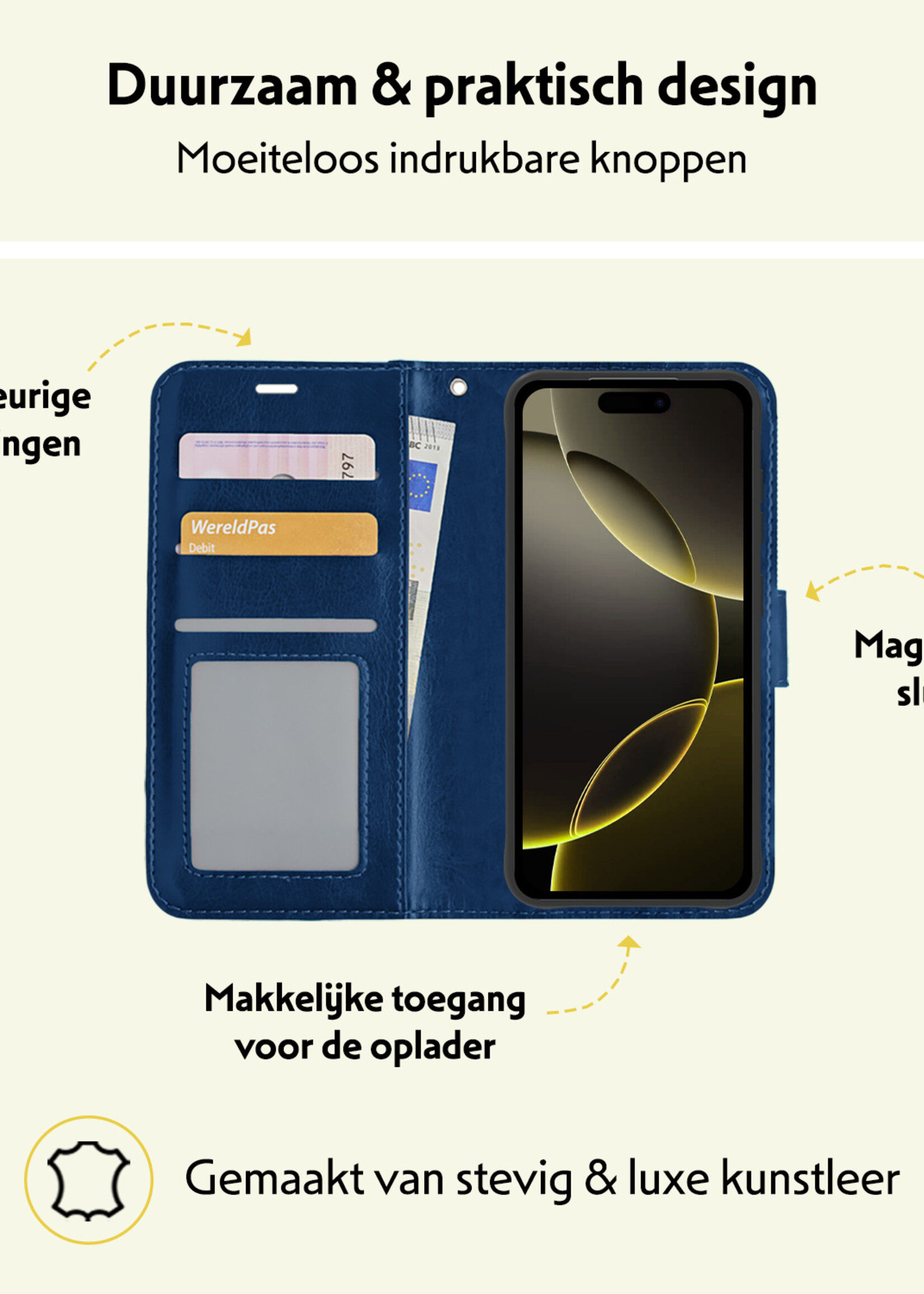 LUQ Hoesje Geschikt voor iPhone 16 Pro Hoesje Book Case Hoes Wallet Cover Met Screenprotector - Hoes Geschikt voor iPhone 16 Pro Hoesje Bookcase Hoes - Donkerblauw