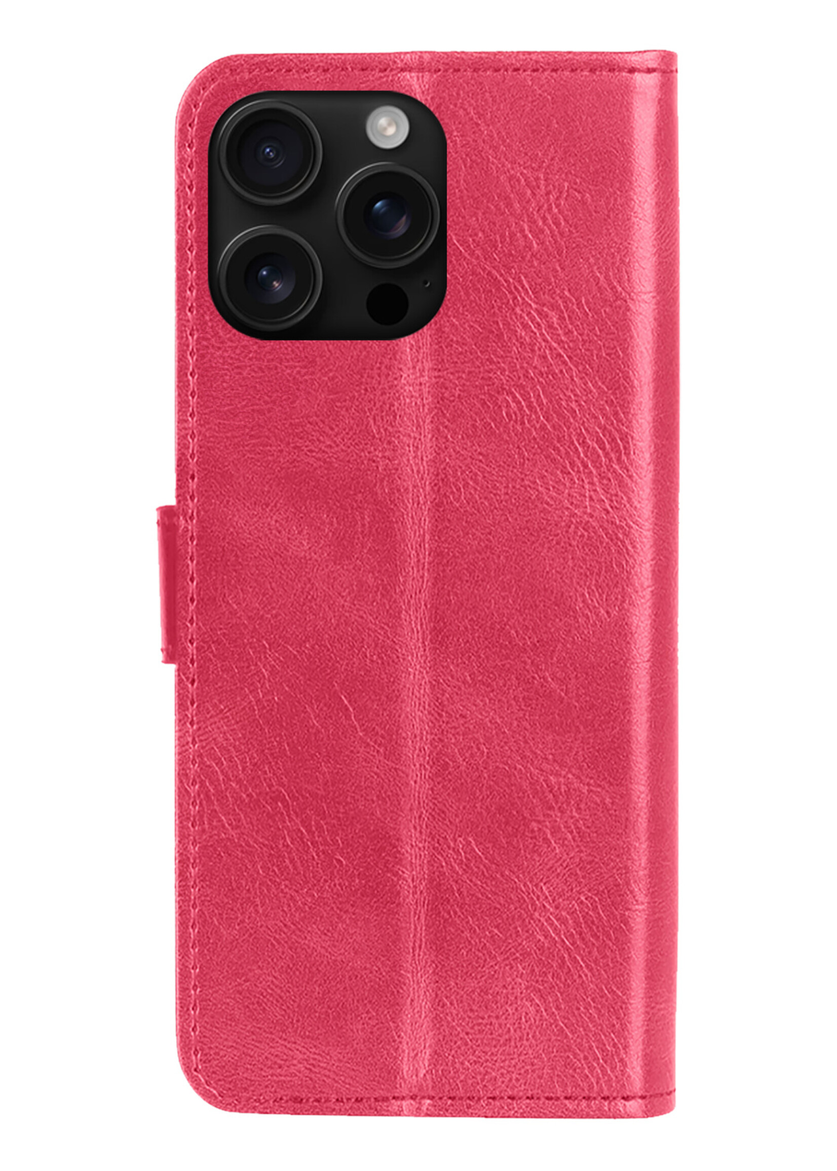 LUQ Hoesje Geschikt voor iPhone 16 Pro Hoesje Book Case Hoes Wallet Cover Met Screenprotector - Hoes Geschikt voor iPhone 16 Pro Hoesje Bookcase Hoes - Donkerroze