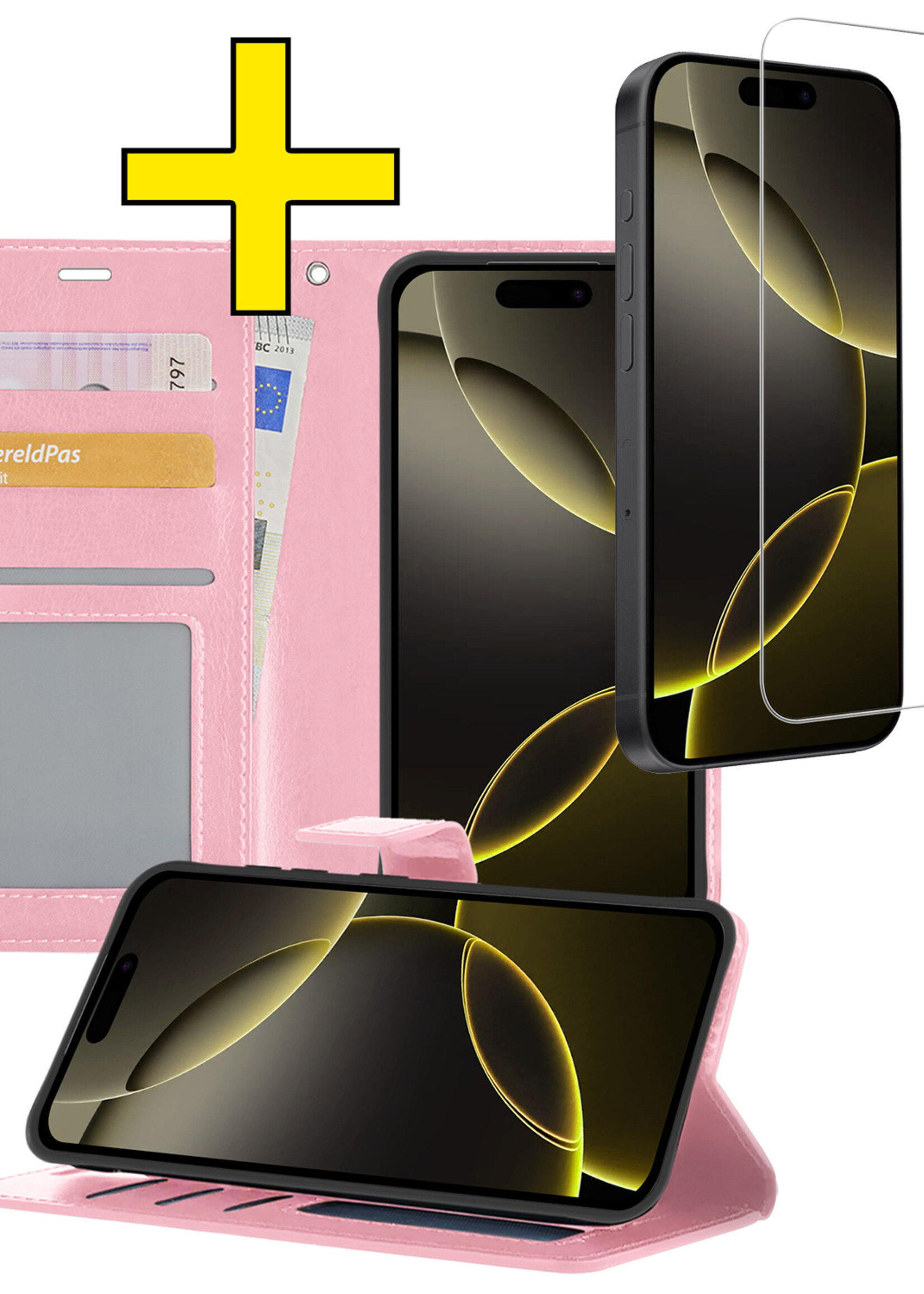 LUQ Hoesje Geschikt voor iPhone 16 Pro Hoesje Book Case Hoes Wallet Cover Met Screenprotector - Hoes Geschikt voor iPhone 16 Pro Hoesje Bookcase Hoes - Lichtroze