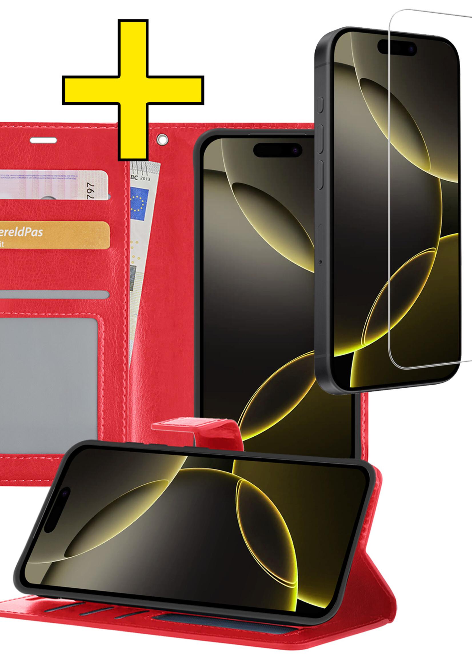 LUQ Hoesje Geschikt voor iPhone 16 Pro Hoesje Book Case Hoes Wallet Cover Met Screenprotector - Hoes Geschikt voor iPhone 16 Pro Hoesje Bookcase Hoes - Rood