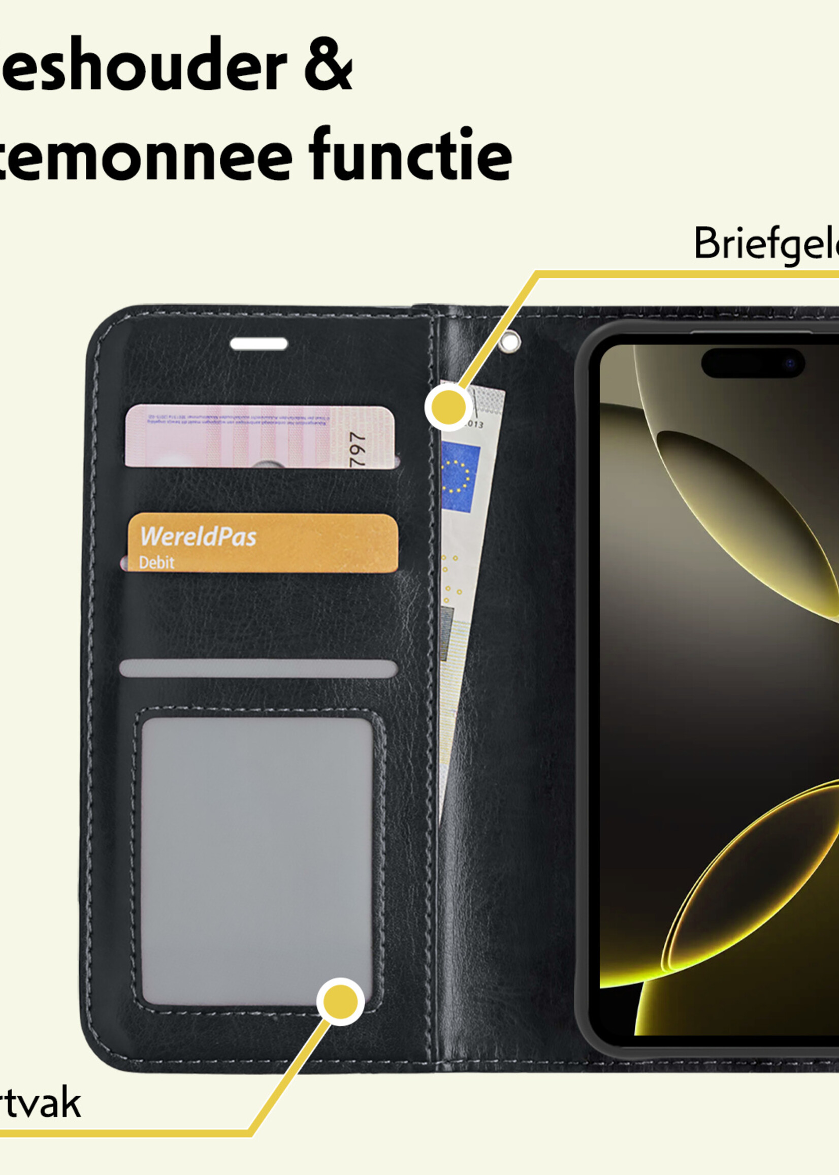 LUQ Hoesje Geschikt voor iPhone 16 Pro Hoesje Book Case Hoes Wallet Cover Met Screenprotector - Hoes Geschikt voor iPhone 16 Pro Hoesje Bookcase Hoes - Zwart