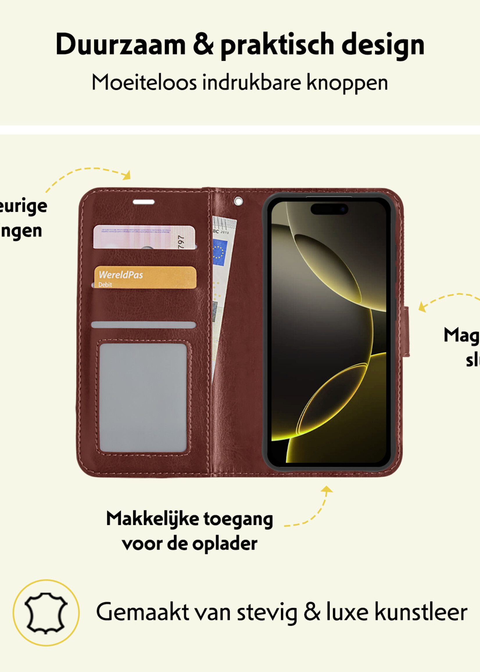 LUQ Hoesje Geschikt voor iPhone 16 Pro Hoesje Book Case Hoes Wallet Cover Met 2x Screenprotector - Hoes Geschikt voor iPhone 16 Pro Hoesje Bookcase Hoes - Bruin