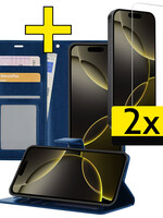 LUQ LUQ iPhone 16 Pro Hoesje Bookcase Met 2x Screenprotector - Donkerblauw