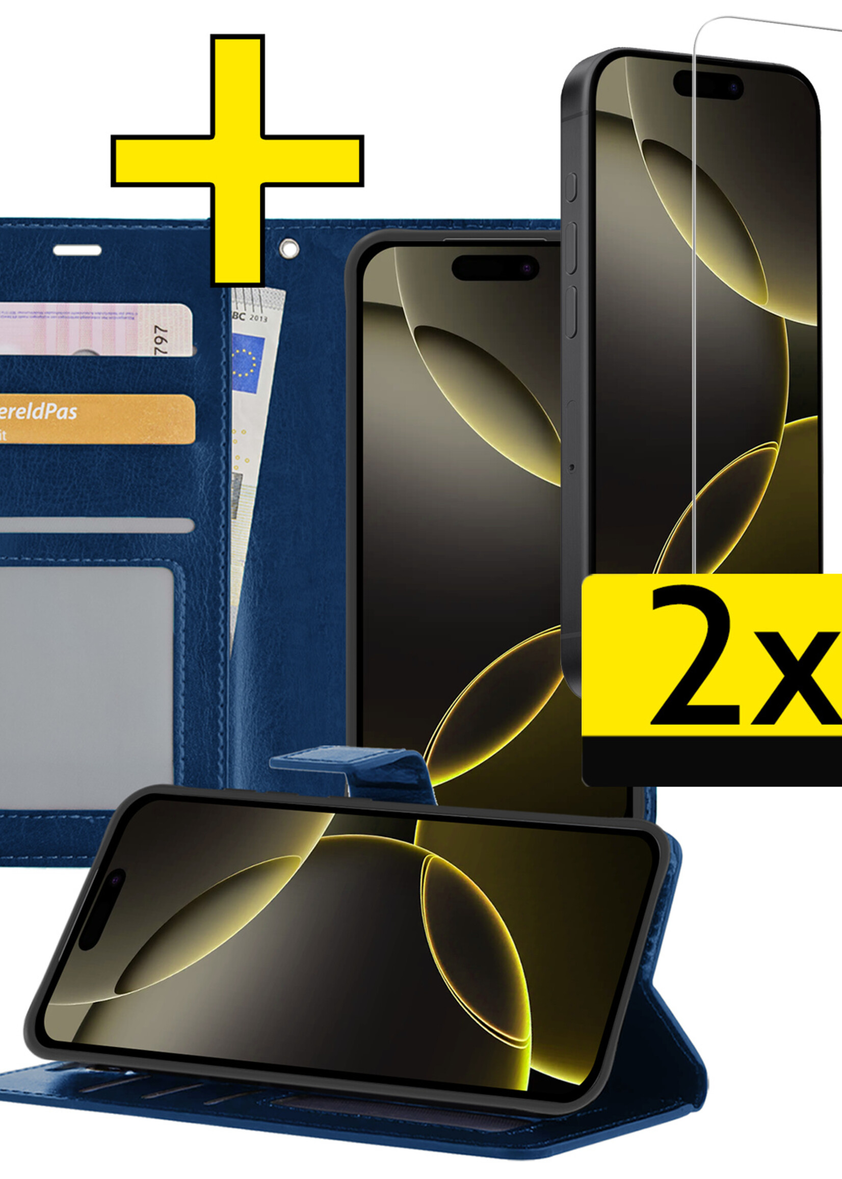 LUQ Hoesje Geschikt voor iPhone 16 Pro Hoesje Book Case Hoes Wallet Cover Met 2x Screenprotector - Hoes Geschikt voor iPhone 16 Pro Hoesje Bookcase Hoes - Donkerblauw