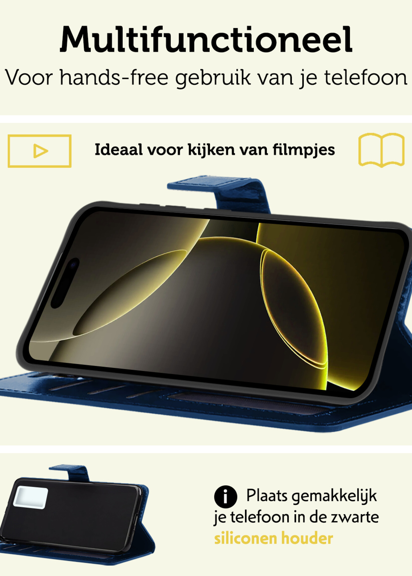 LUQ Hoesje Geschikt voor iPhone 16 Pro Hoesje Book Case Hoes Wallet Cover Met 2x Screenprotector - Hoes Geschikt voor iPhone 16 Pro Hoesje Bookcase Hoes - Donkerblauw