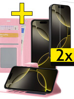LUQ LUQ iPhone 16 Pro Hoesje Bookcase Met 2x Screenprotector - Lichtroze