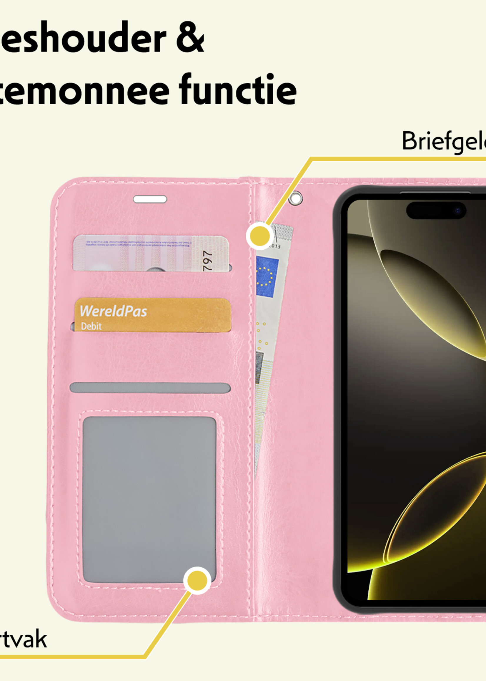 LUQ Hoesje Geschikt voor iPhone 16 Pro Hoesje Book Case Hoes Wallet Cover Met 2x Screenprotector - Hoes Geschikt voor iPhone 16 Pro Hoesje Bookcase Hoes - Lichtroze