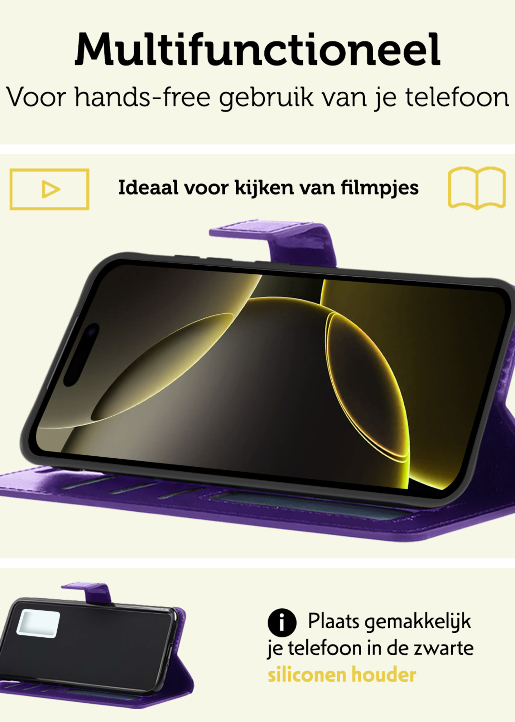 LUQ Hoesje Geschikt voor iPhone 16 Pro Hoesje Book Case Hoes Wallet Cover Met 2x Screenprotector - Hoes Geschikt voor iPhone 16 Pro Hoesje Bookcase Hoes - Paars