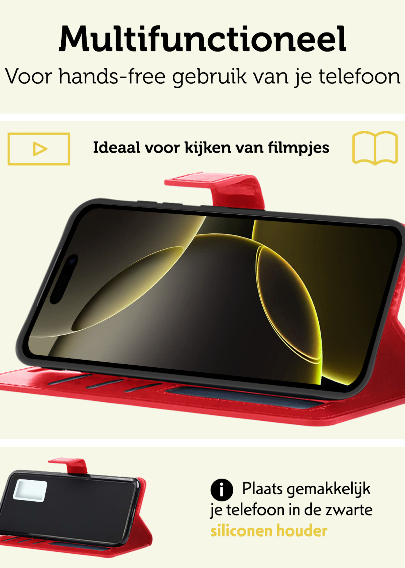 LUQ Hoesje Geschikt voor iPhone 16 Pro Hoesje Book Case Hoes Wallet Cover Met 2x Screenprotector - Hoes Geschikt voor iPhone 16 Pro Hoesje Bookcase Hoes - Rood