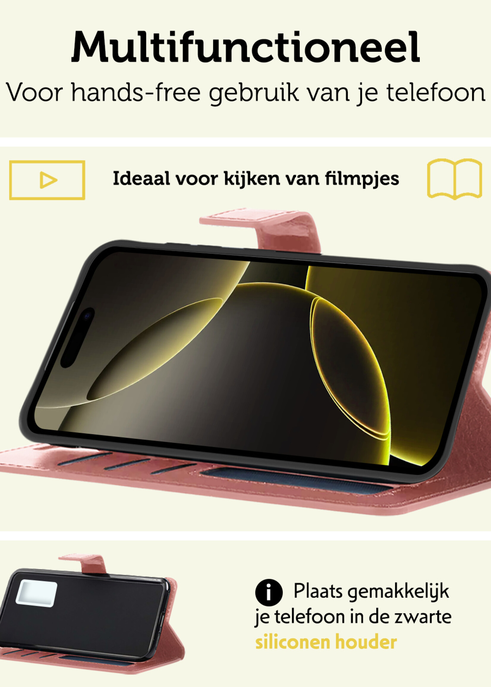 LUQ Hoesje Geschikt voor iPhone 16 Pro Hoesje Book Case Hoes Wallet Cover Met 2x Screenprotector - Hoes Geschikt voor iPhone 16 Pro Hoesje Bookcase Hoes - Rosé goud