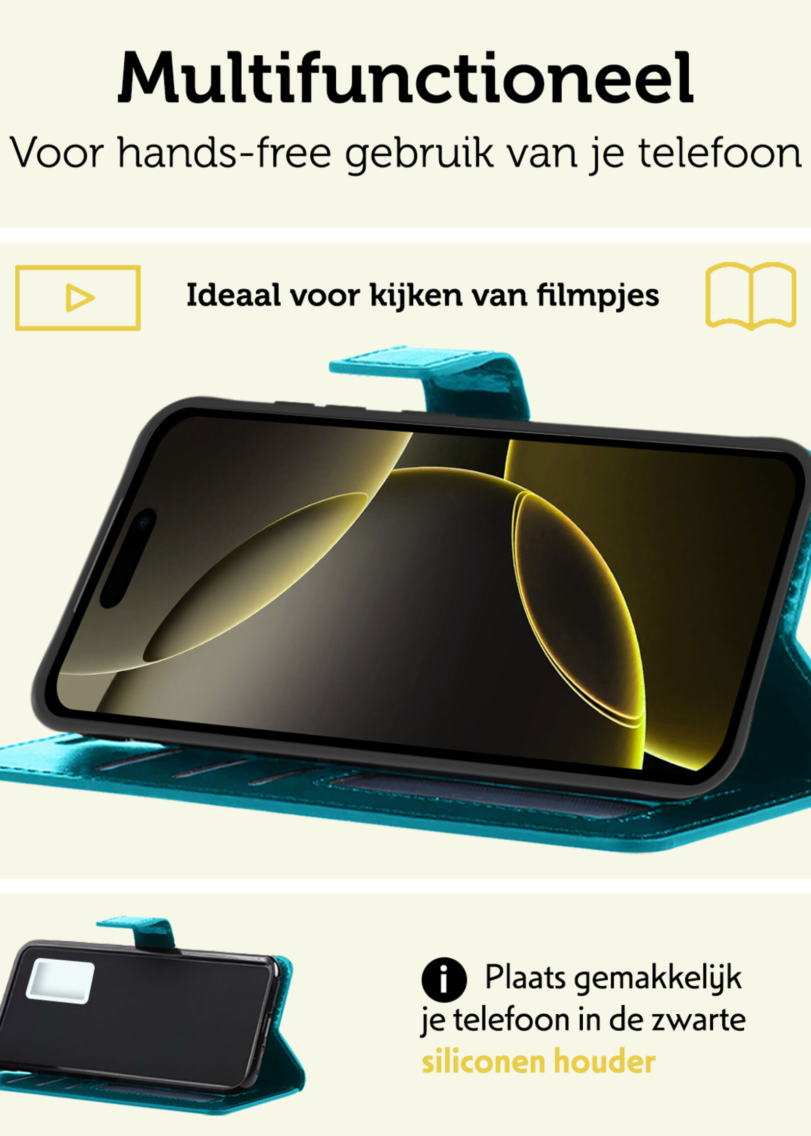 LUQ Hoesje Geschikt voor iPhone 16 Pro Hoesje Book Case Hoes Wallet Cover Met 2x Screenprotector - Hoes Geschikt voor iPhone 16 Pro Hoesje Bookcase Hoes - Turquoise