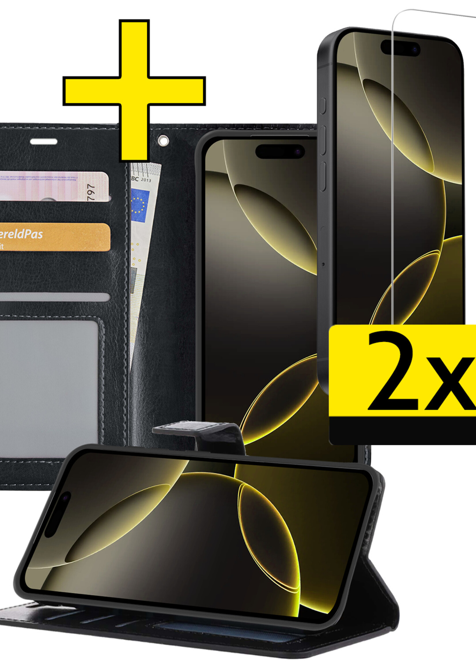 LUQ Hoesje Geschikt voor iPhone 16 Pro Hoesje Book Case Hoes Wallet Cover Met 2x Screenprotector - Hoes Geschikt voor iPhone 16 Pro Hoesje Bookcase Hoes - Zwart