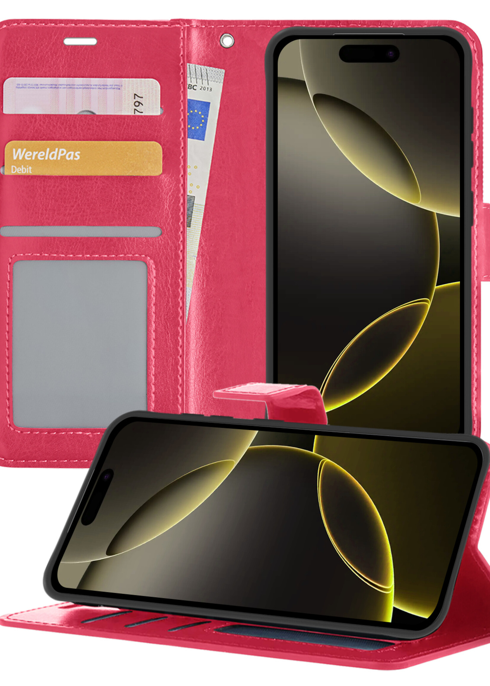 LUQ Hoesje Geschikt voor iPhone 16 Pro Max Hoesje Book Case Hoes Wallet Cover - Hoes Geschikt voor iPhone 16 Pro Max Hoesje Bookcase Hoes - Donkerroze