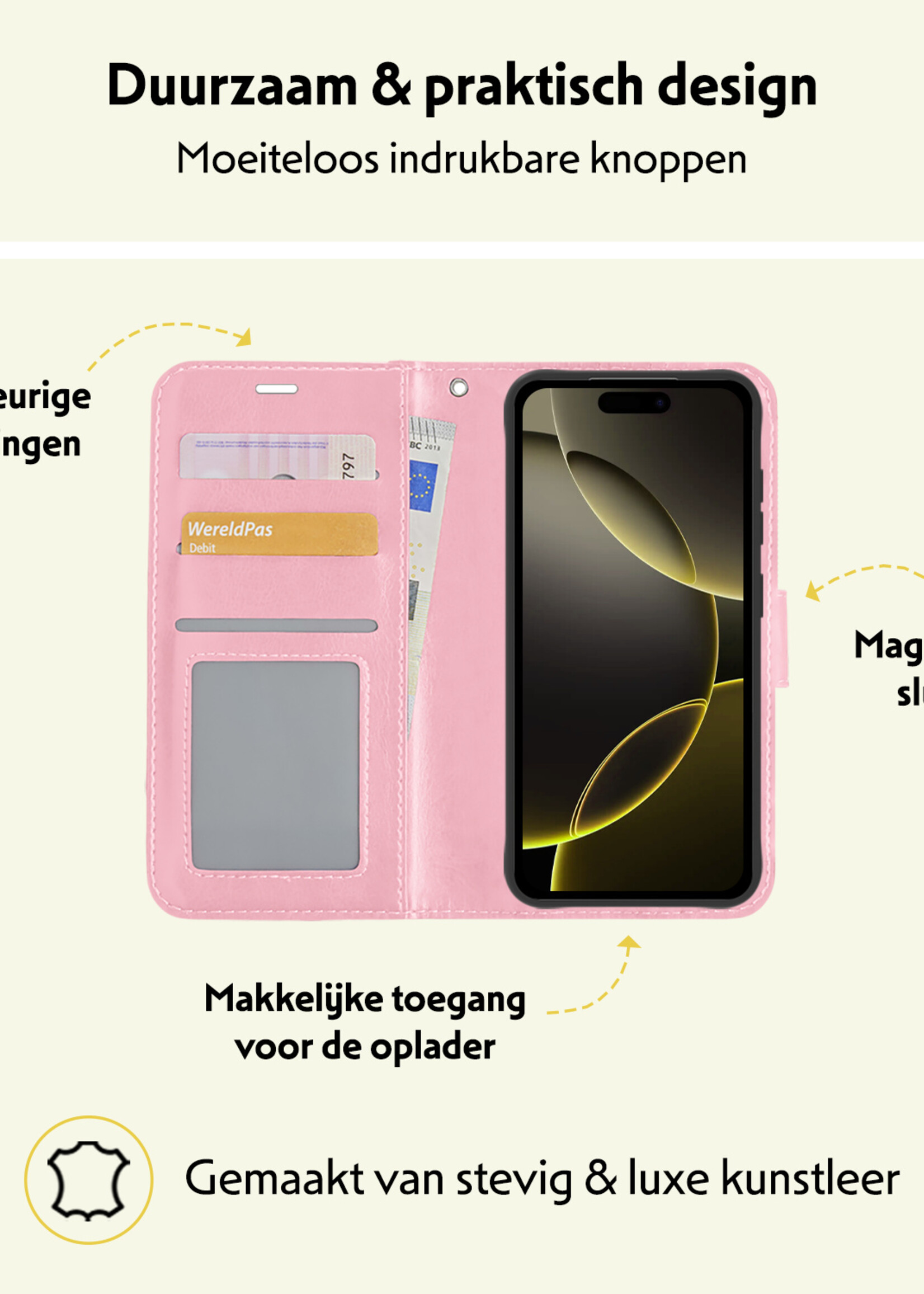 LUQ Hoesje Geschikt voor iPhone 16 Pro Max Hoesje Book Case Hoes Wallet Cover - Hoes Geschikt voor iPhone 16 Pro Max Hoesje Bookcase Hoes - Lichtroze