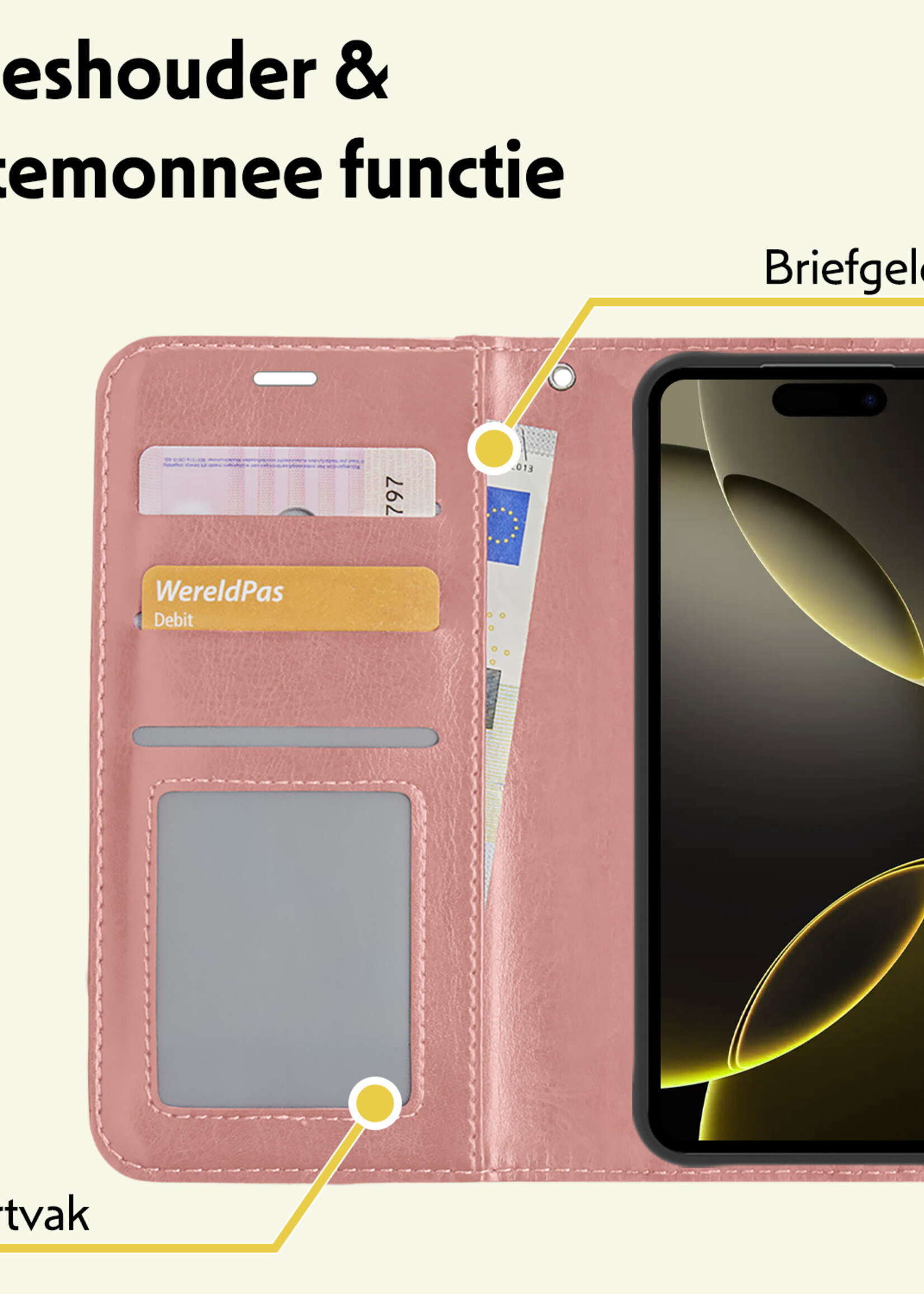 LUQ Hoesje Geschikt voor iPhone 16 Pro Max Hoesje Book Case Hoes Wallet Cover - Hoes Geschikt voor iPhone 16 Pro Max Hoesje Bookcase Hoes - Rosé goud