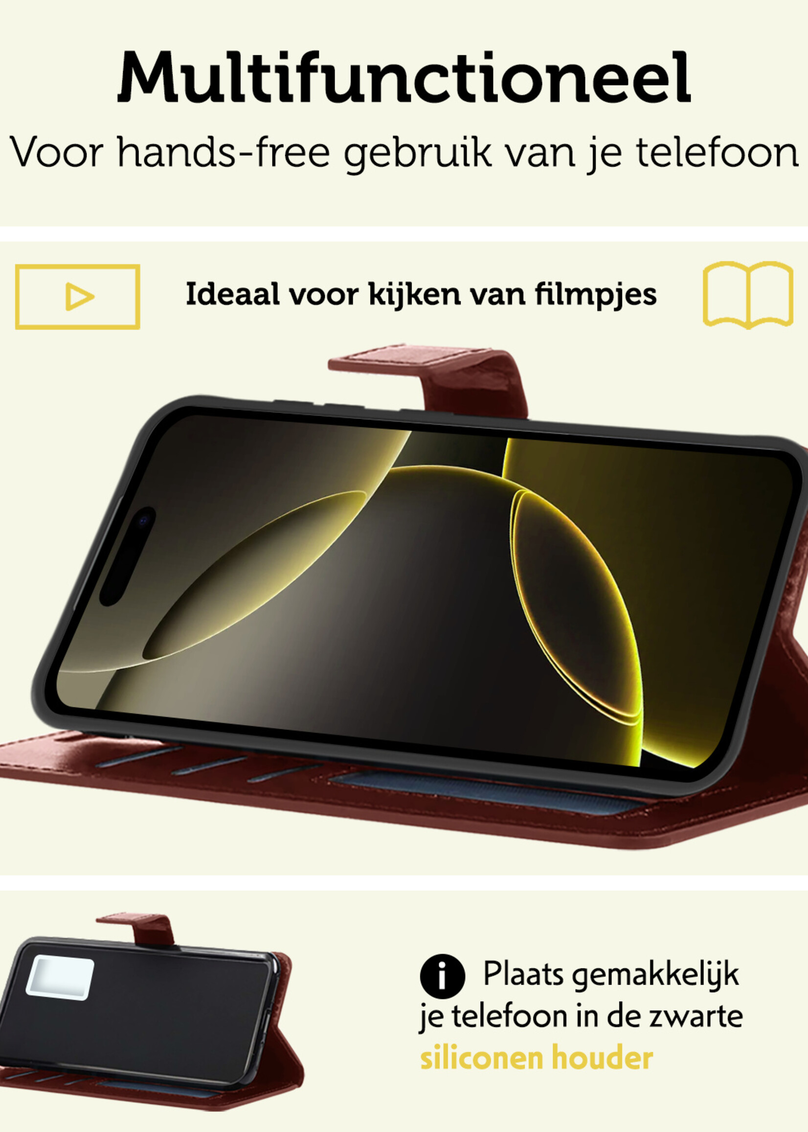 LUQ Hoesje Geschikt voor iPhone 16 Pro Max Hoesje Book Case Hoes Wallet Cover Met Screenprotector - Hoes Geschikt voor iPhone 16 Pro Max Hoesje Bookcase Hoes - Bruin