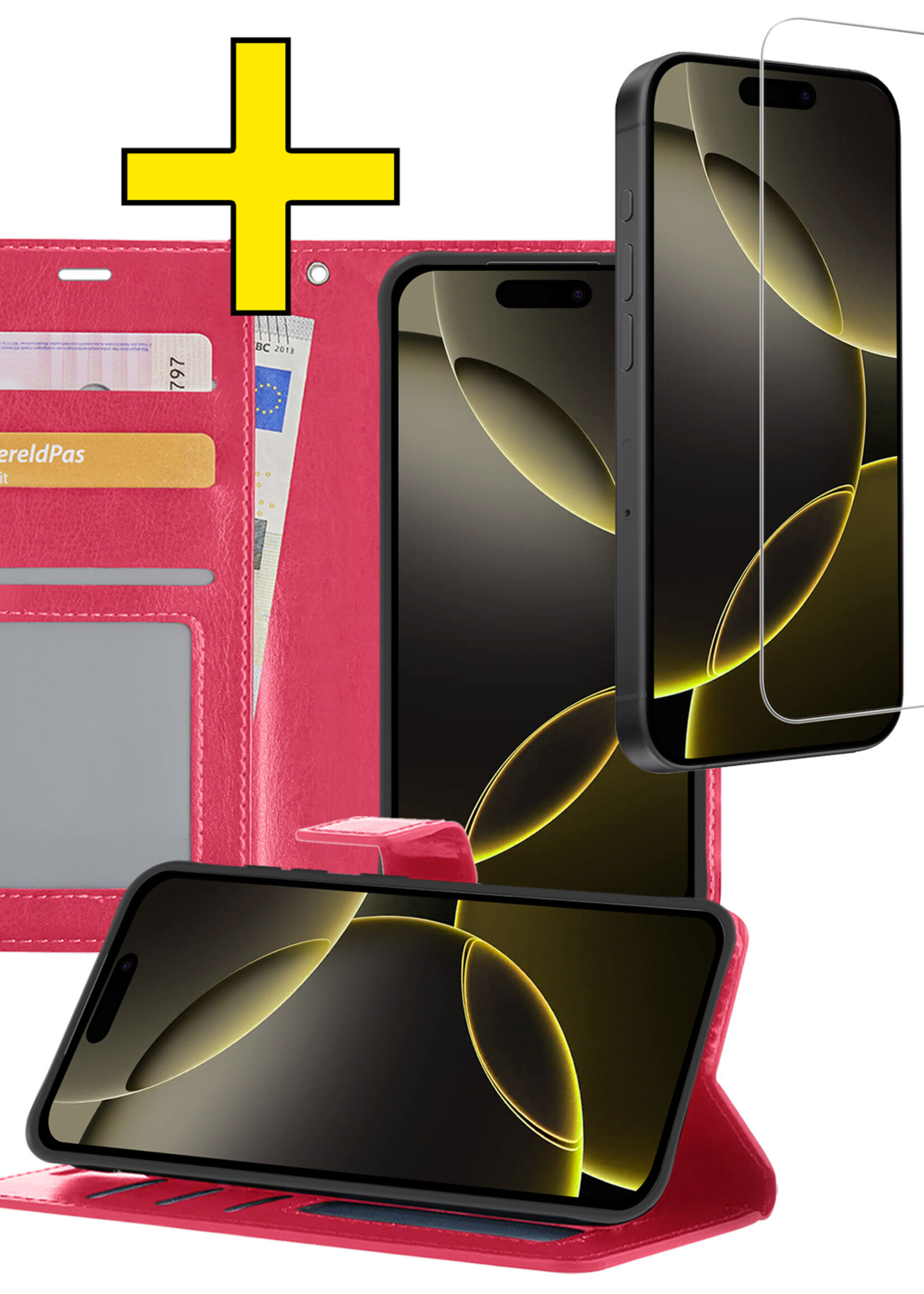 LUQ Hoesje Geschikt voor iPhone 16 Pro Max Hoesje Book Case Hoes Wallet Cover Met Screenprotector - Hoes Geschikt voor iPhone 16 Pro Max Hoesje Bookcase Hoes - Donkerroze