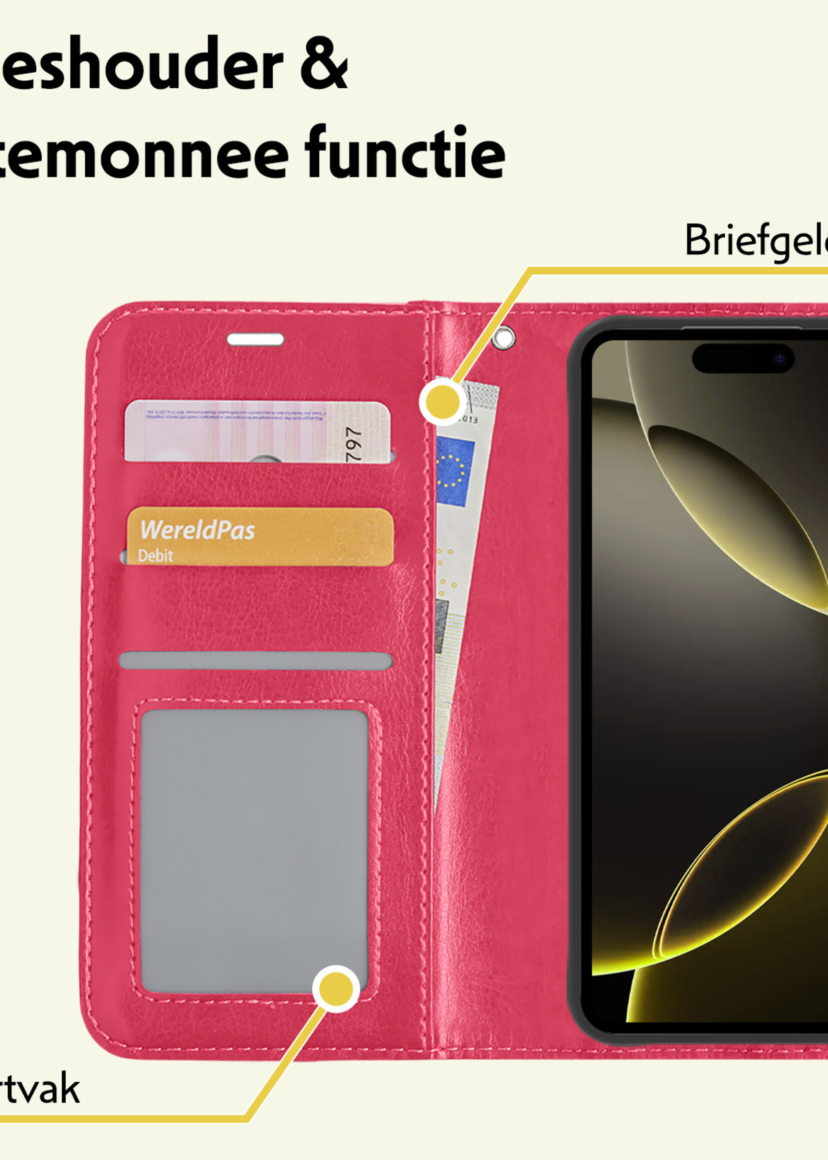 LUQ Hoesje Geschikt voor iPhone 16 Pro Max Hoesje Book Case Hoes Wallet Cover Met Screenprotector - Hoes Geschikt voor iPhone 16 Pro Max Hoesje Bookcase Hoes - Donkerroze