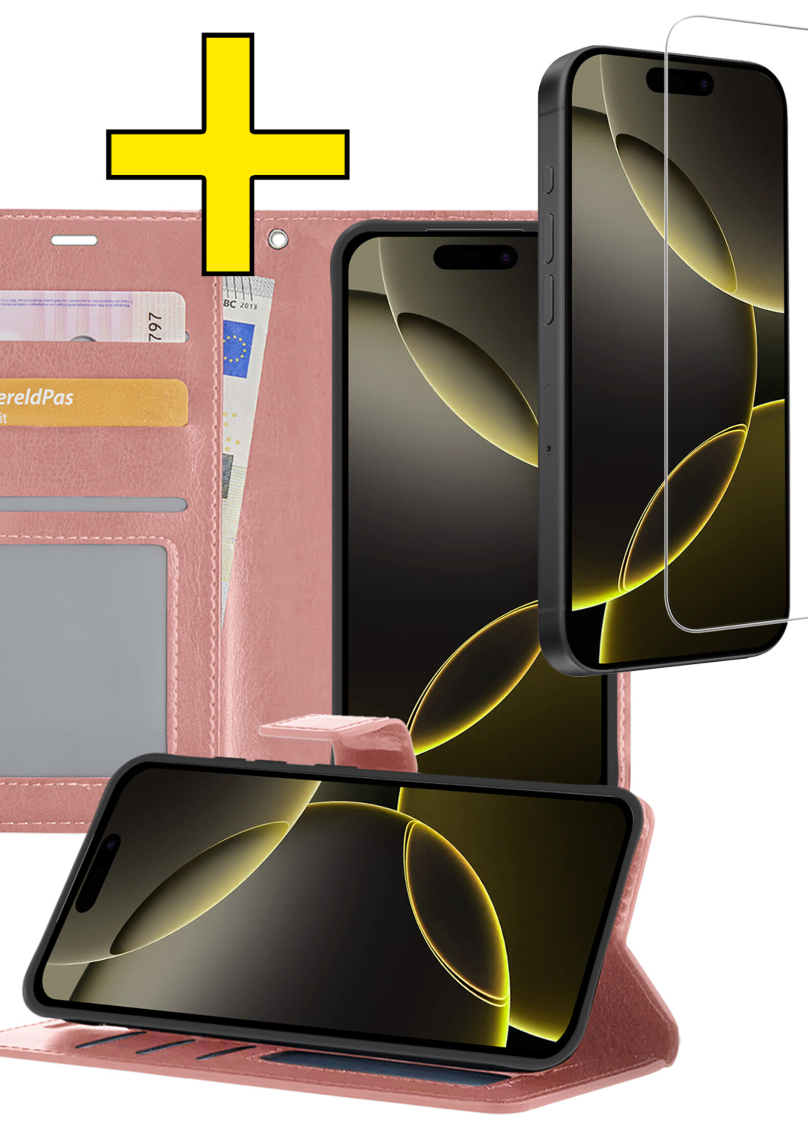 LUQ Hoesje Geschikt voor iPhone 16 Pro Max Hoesje Book Case Hoes Wallet Cover Met Screenprotector - Hoes Geschikt voor iPhone 16 Pro Max Hoesje Bookcase Hoes - Rosé goud