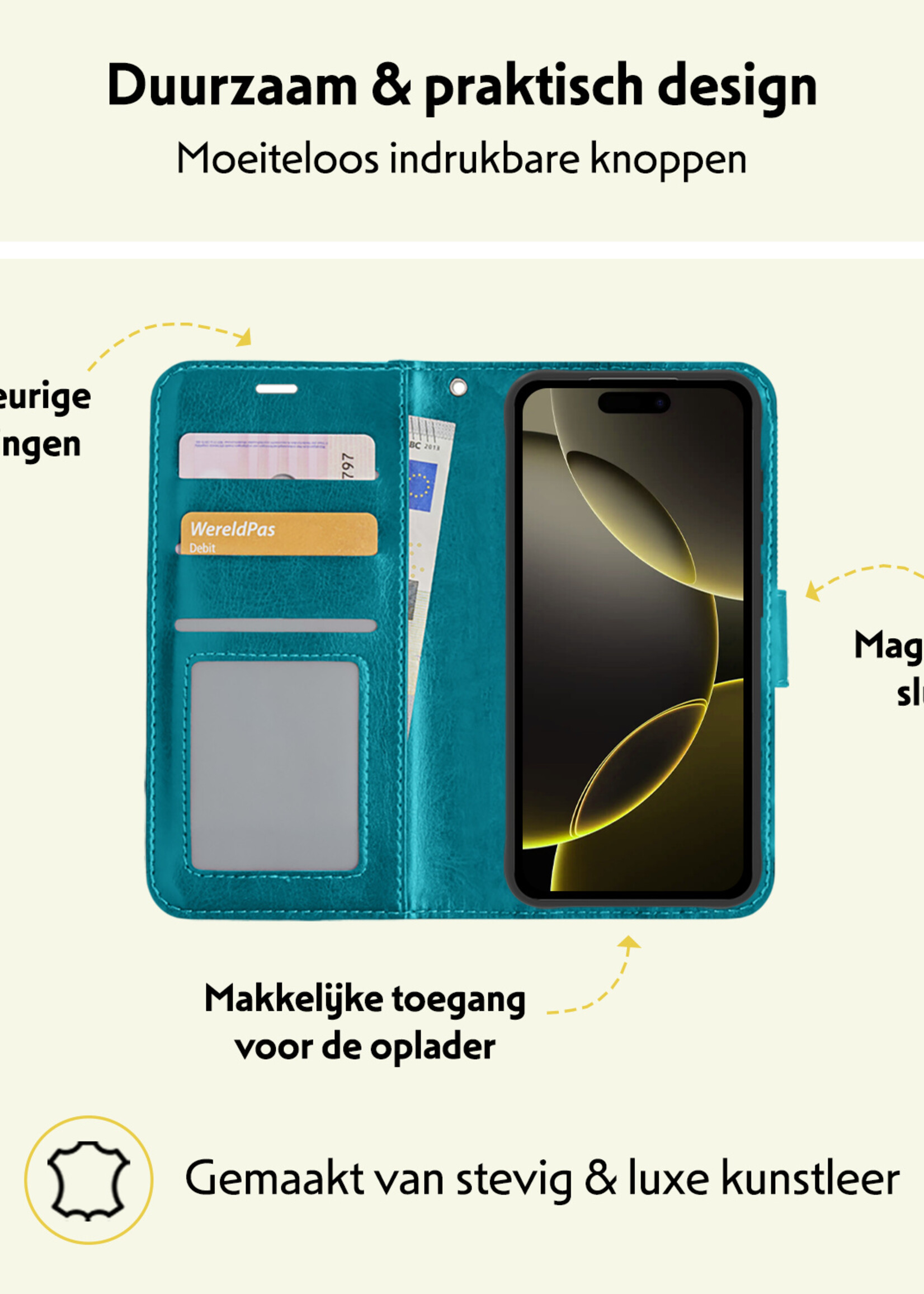 LUQ Hoesje Geschikt voor iPhone 16 Pro Max Hoesje Book Case Hoes Wallet Cover Met Screenprotector - Hoes Geschikt voor iPhone 16 Pro Max Hoesje Bookcase Hoes - Turquoise