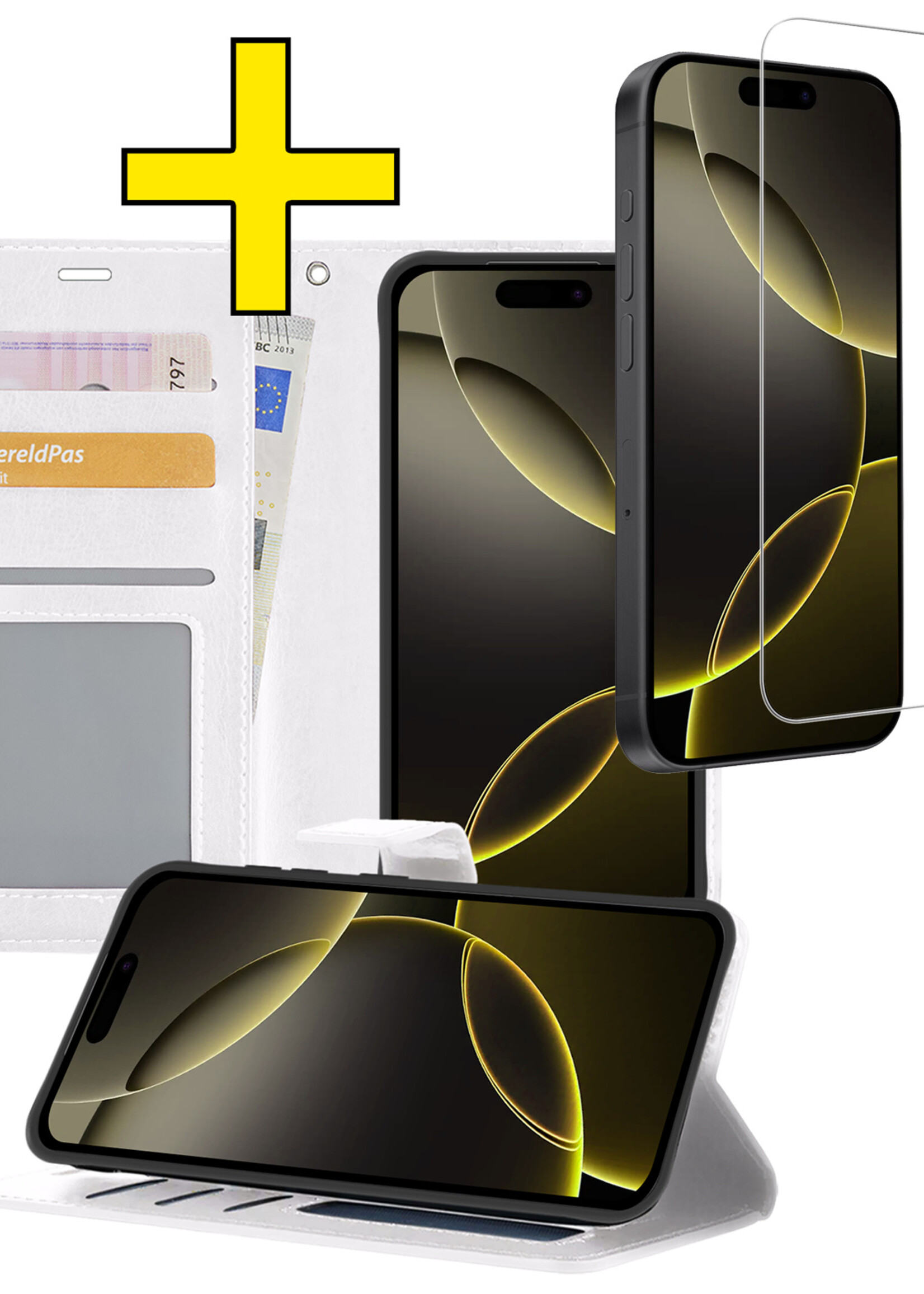 LUQ Hoesje Geschikt voor iPhone 16 Pro Max Hoesje Book Case Hoes Wallet Cover Met Screenprotector - Hoes Geschikt voor iPhone 16 Pro Max Hoesje Bookcase Hoes - Wit