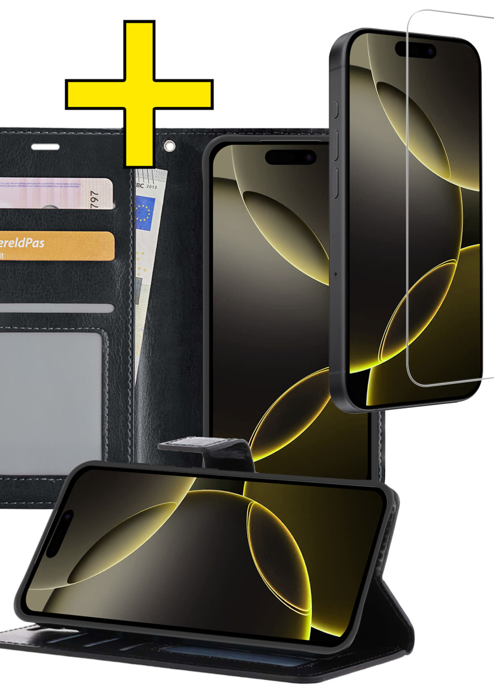 LUQ Hoesje Geschikt voor iPhone 16 Pro Max Hoesje Book Case Hoes Wallet Cover Met Screenprotector - Hoes Geschikt voor iPhone 16 Pro Max Hoesje Bookcase Hoes - Zwart