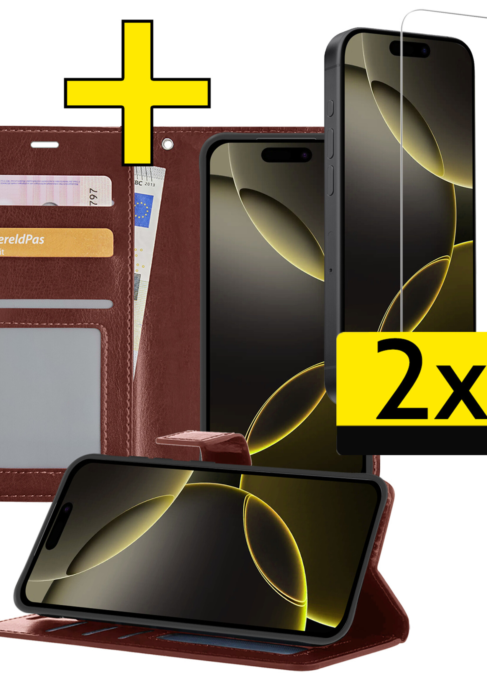 LUQ Hoesje Geschikt voor iPhone 16 Pro Max Hoesje Book Case Hoes Wallet Cover Met 2x Screenprotector - Hoes Geschikt voor iPhone 16 Pro Max Hoesje Bookcase Hoes - Bruin