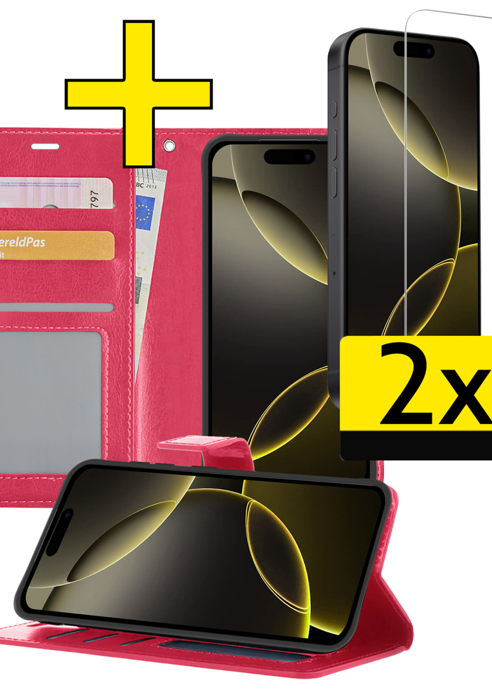 LUQ Hoesje Geschikt voor iPhone 16 Pro Max Hoesje Book Case Hoes Wallet Cover Met 2x Screenprotector - Hoes Geschikt voor iPhone 16 Pro Max Hoesje Bookcase Hoes - Donkerroze