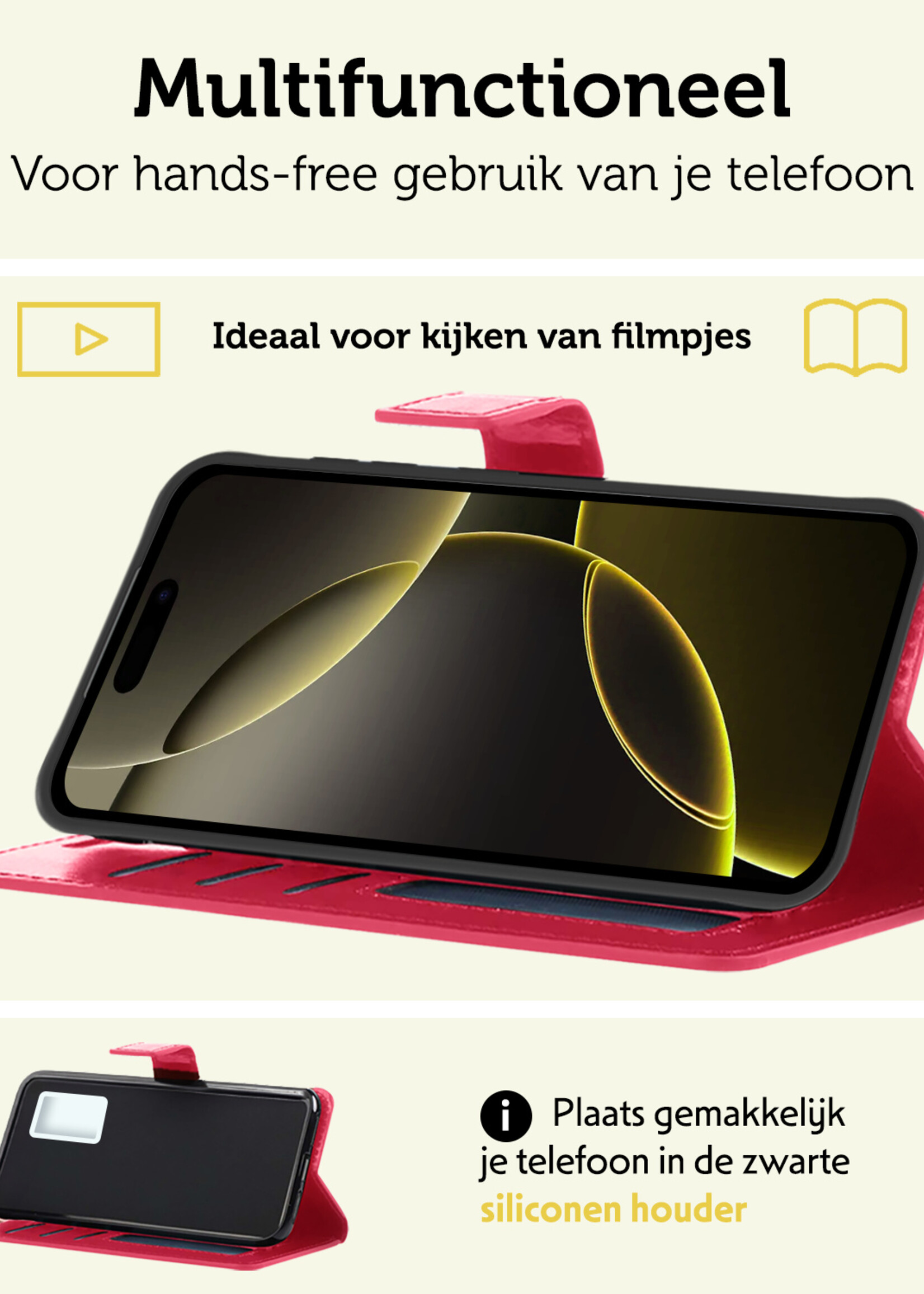 LUQ Hoesje Geschikt voor iPhone 16 Pro Max Hoesje Book Case Hoes Wallet Cover Met 2x Screenprotector - Hoes Geschikt voor iPhone 16 Pro Max Hoesje Bookcase Hoes - Donkerroze