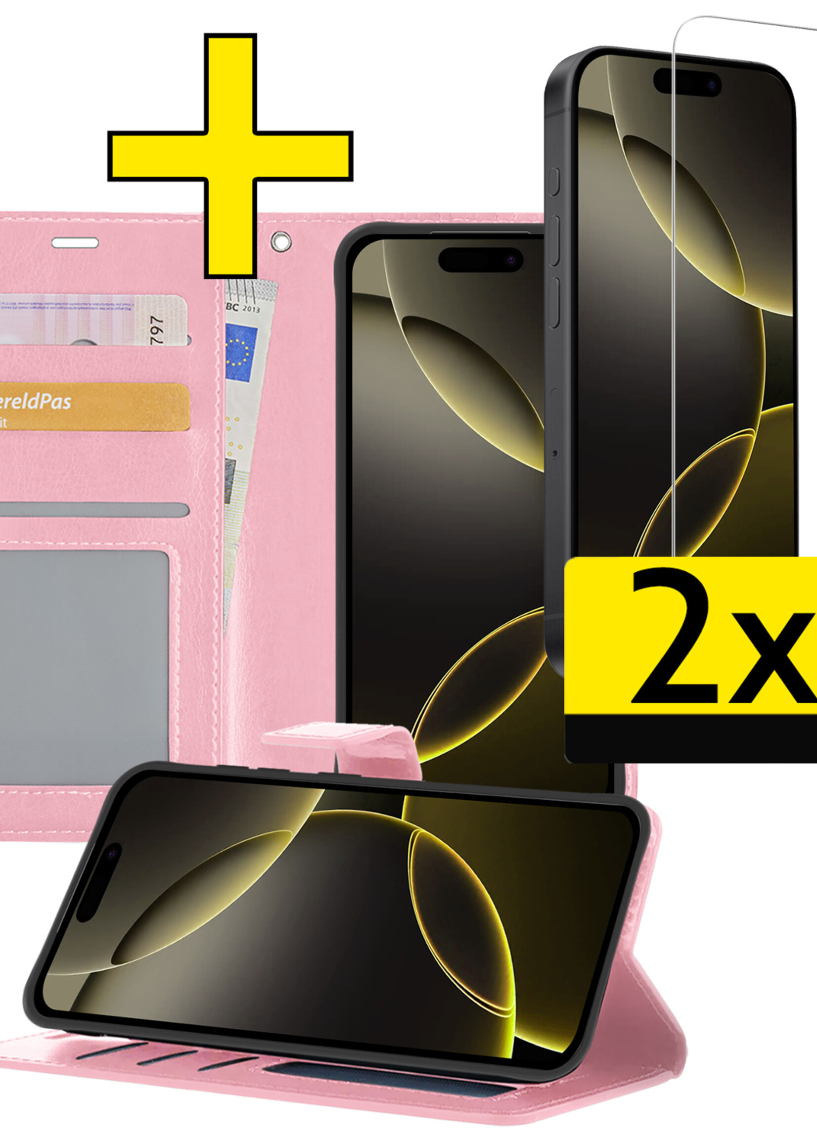 LUQ Hoesje Geschikt voor iPhone 16 Pro Max Hoesje Book Case Hoes Wallet Cover Met 2x Screenprotector - Hoes Geschikt voor iPhone 16 Pro Max Hoesje Bookcase Hoes - Lichtroze