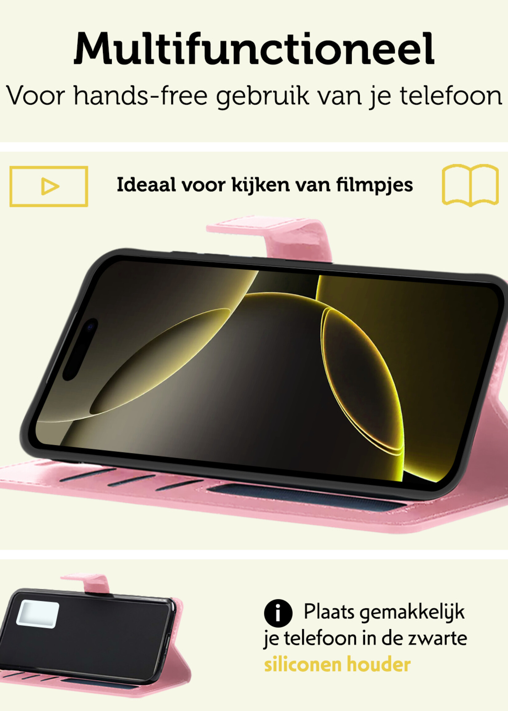 LUQ Hoesje Geschikt voor iPhone 16 Pro Max Hoesje Book Case Hoes Wallet Cover Met 2x Screenprotector - Hoes Geschikt voor iPhone 16 Pro Max Hoesje Bookcase Hoes - Lichtroze