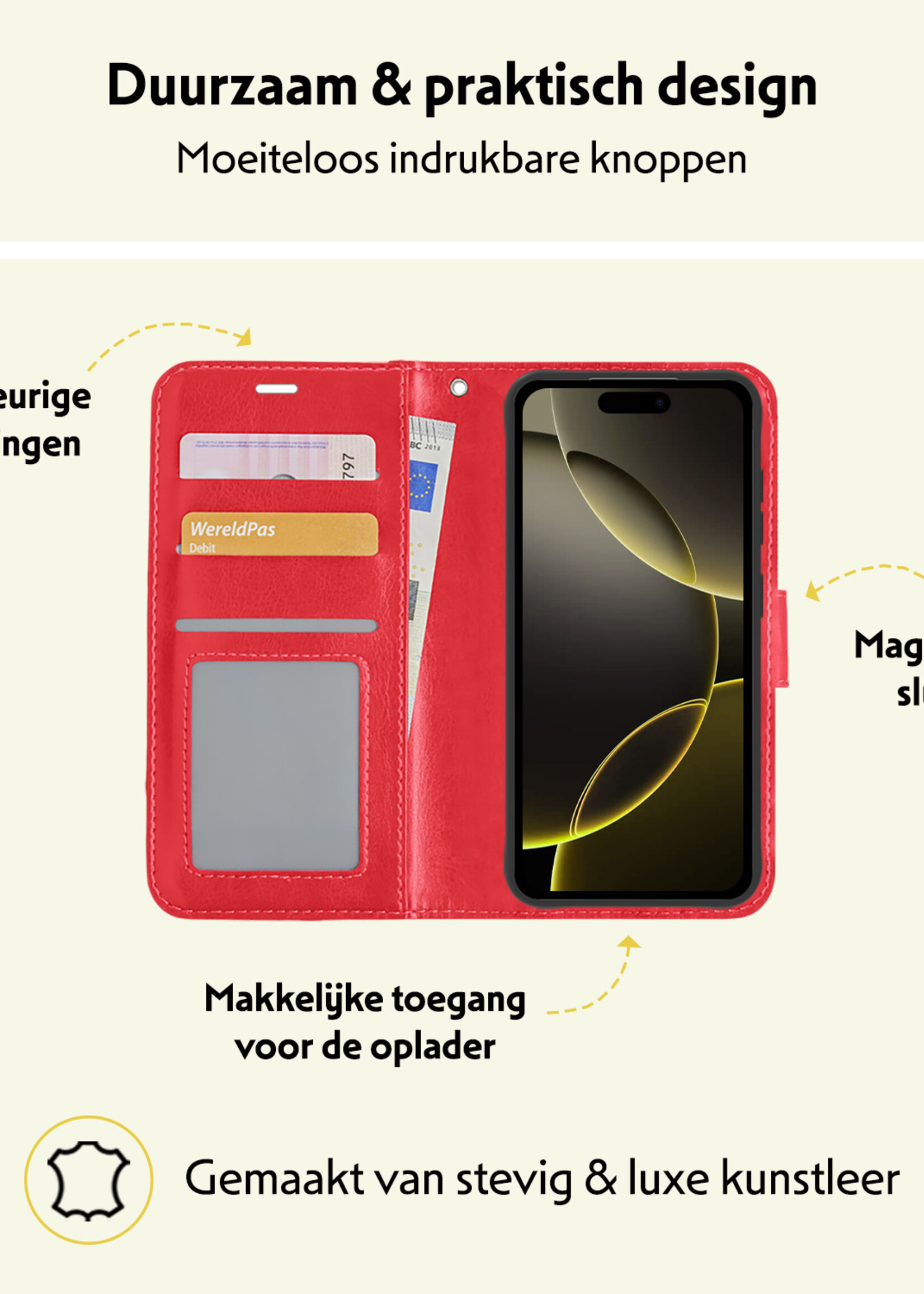 LUQ Hoesje Geschikt voor iPhone 16 Pro Max Hoesje Book Case Hoes Wallet Cover Met 2x Screenprotector - Hoes Geschikt voor iPhone 16 Pro Max Hoesje Bookcase Hoes - Rood