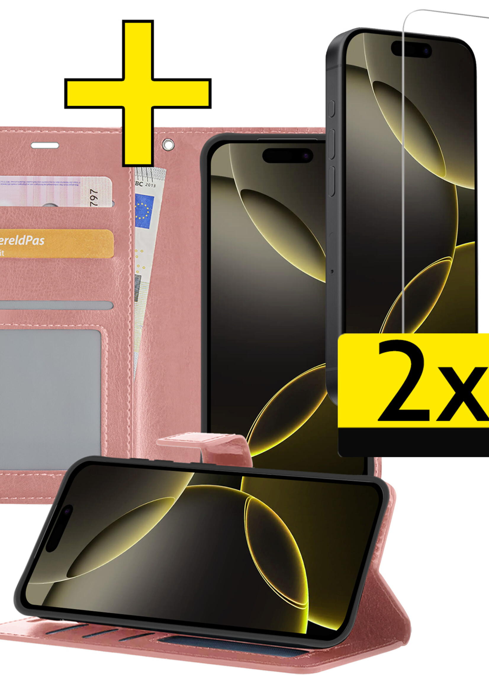 LUQ Hoesje Geschikt voor iPhone 16 Pro Max Hoesje Book Case Hoes Wallet Cover Met 2x Screenprotector - Hoes Geschikt voor iPhone 16 Pro Max Hoesje Bookcase Hoes - Rosé goud