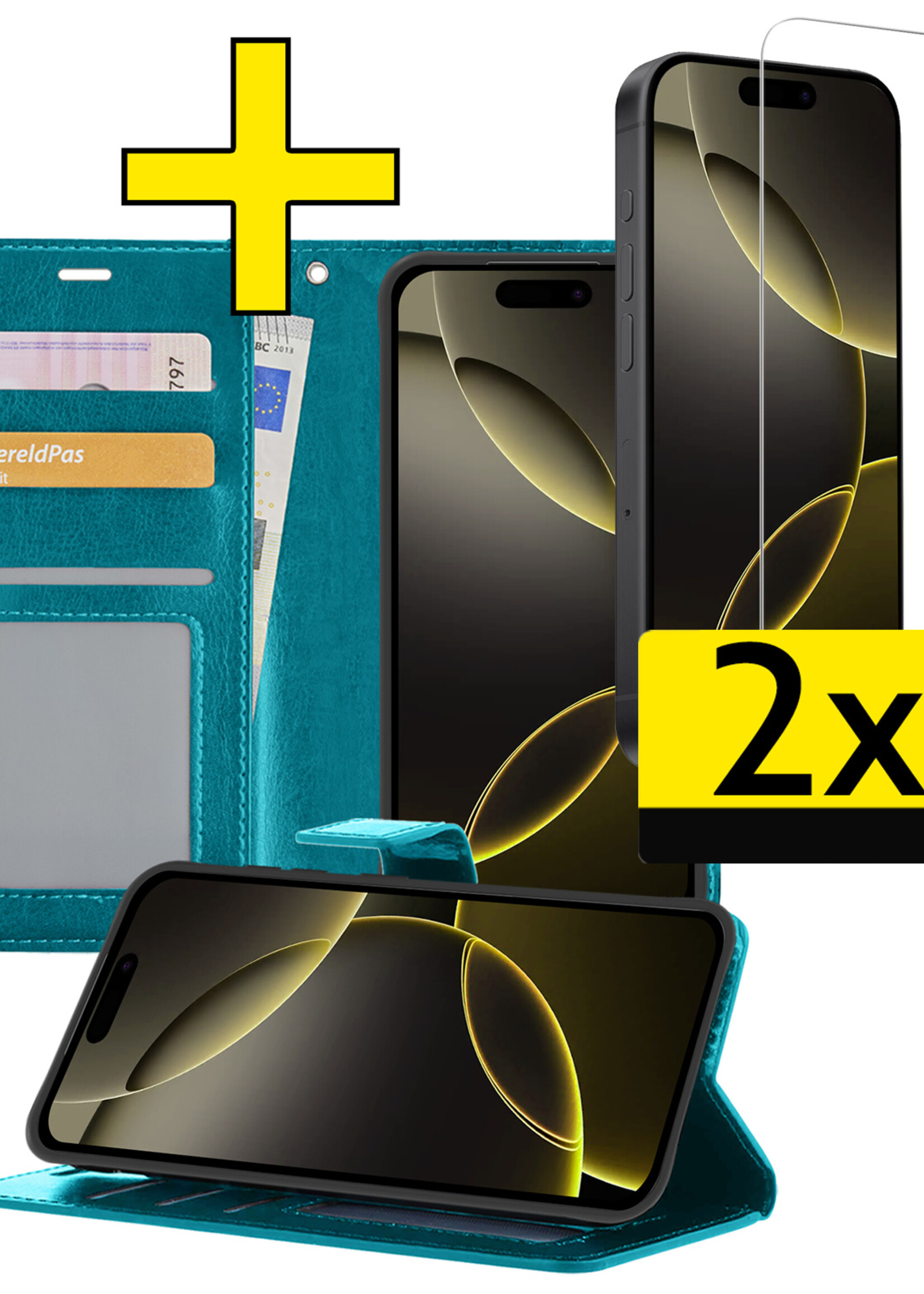 LUQ Hoesje Geschikt voor iPhone 16 Pro Max Hoesje Book Case Hoes Wallet Cover Met 2x Screenprotector - Hoes Geschikt voor iPhone 16 Pro Max Hoesje Bookcase Hoes - Turquoise