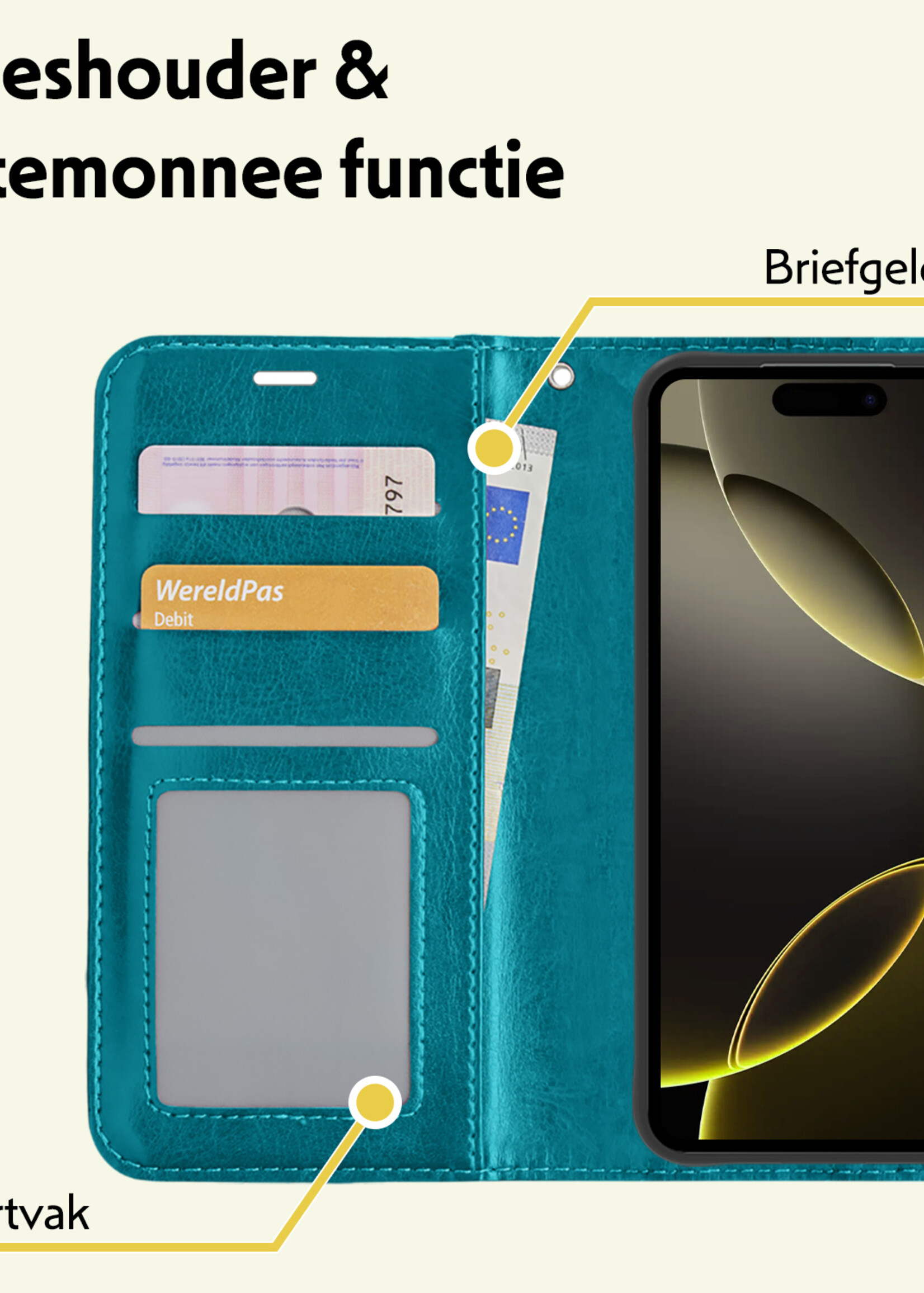 LUQ Hoesje Geschikt voor iPhone 16 Pro Max Hoesje Book Case Hoes Wallet Cover Met 2x Screenprotector - Hoes Geschikt voor iPhone 16 Pro Max Hoesje Bookcase Hoes - Turquoise