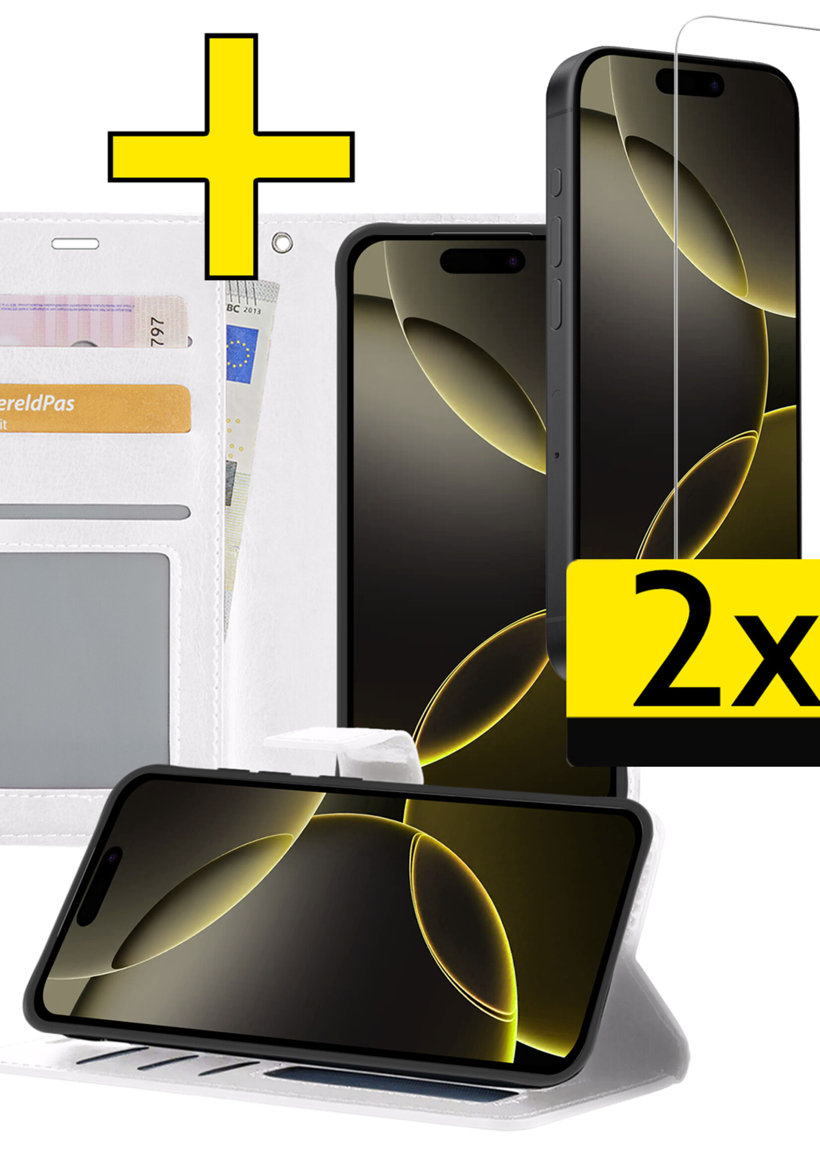 LUQ Hoesje Geschikt voor iPhone 16 Pro Max Hoesje Book Case Hoes Wallet Cover Met 2x Screenprotector - Hoes Geschikt voor iPhone 16 Pro Max Hoesje Bookcase Hoes - Wit