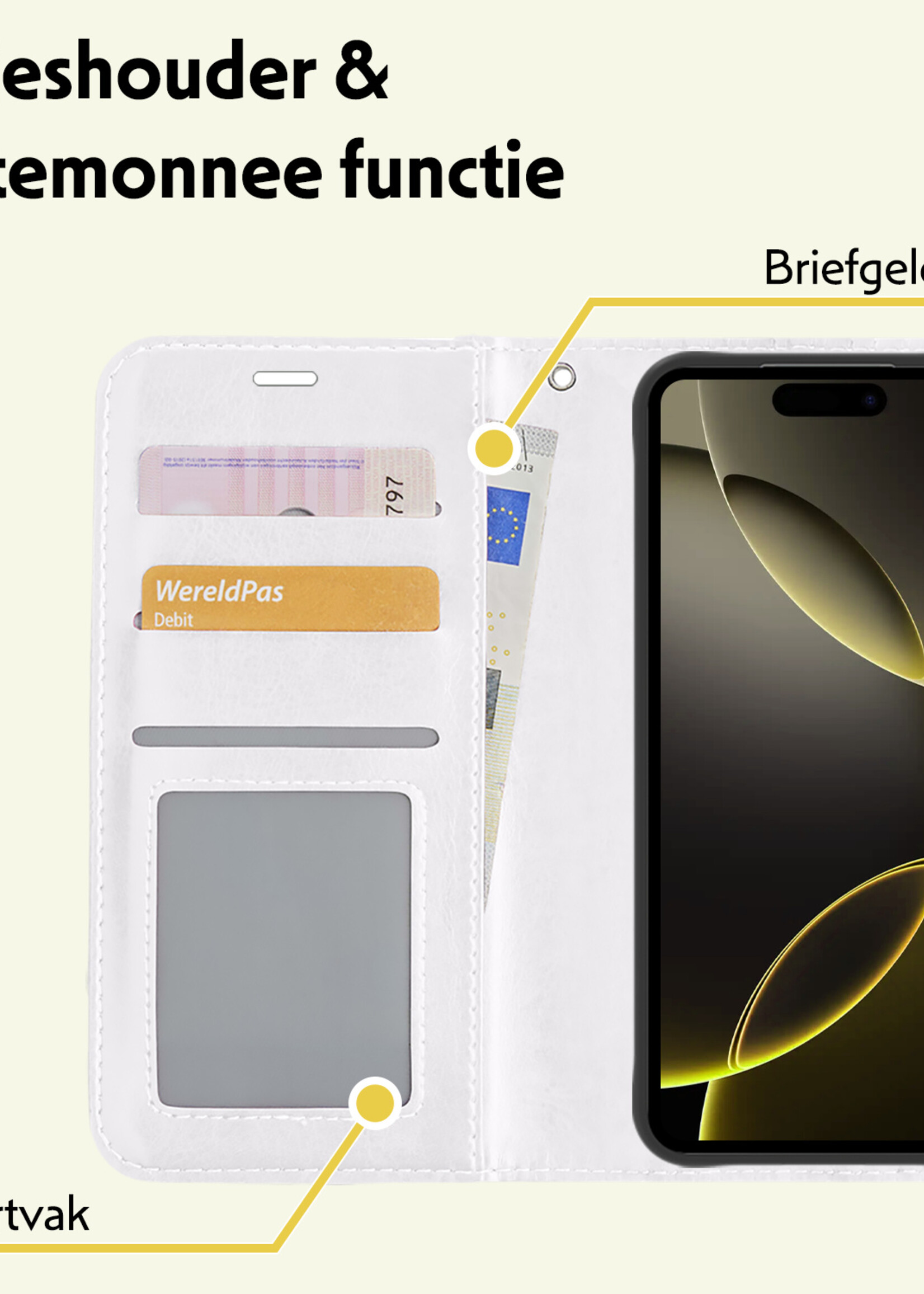 LUQ Hoesje Geschikt voor iPhone 16 Pro Max Hoesje Book Case Hoes Wallet Cover Met 2x Screenprotector - Hoes Geschikt voor iPhone 16 Pro Max Hoesje Bookcase Hoes - Wit