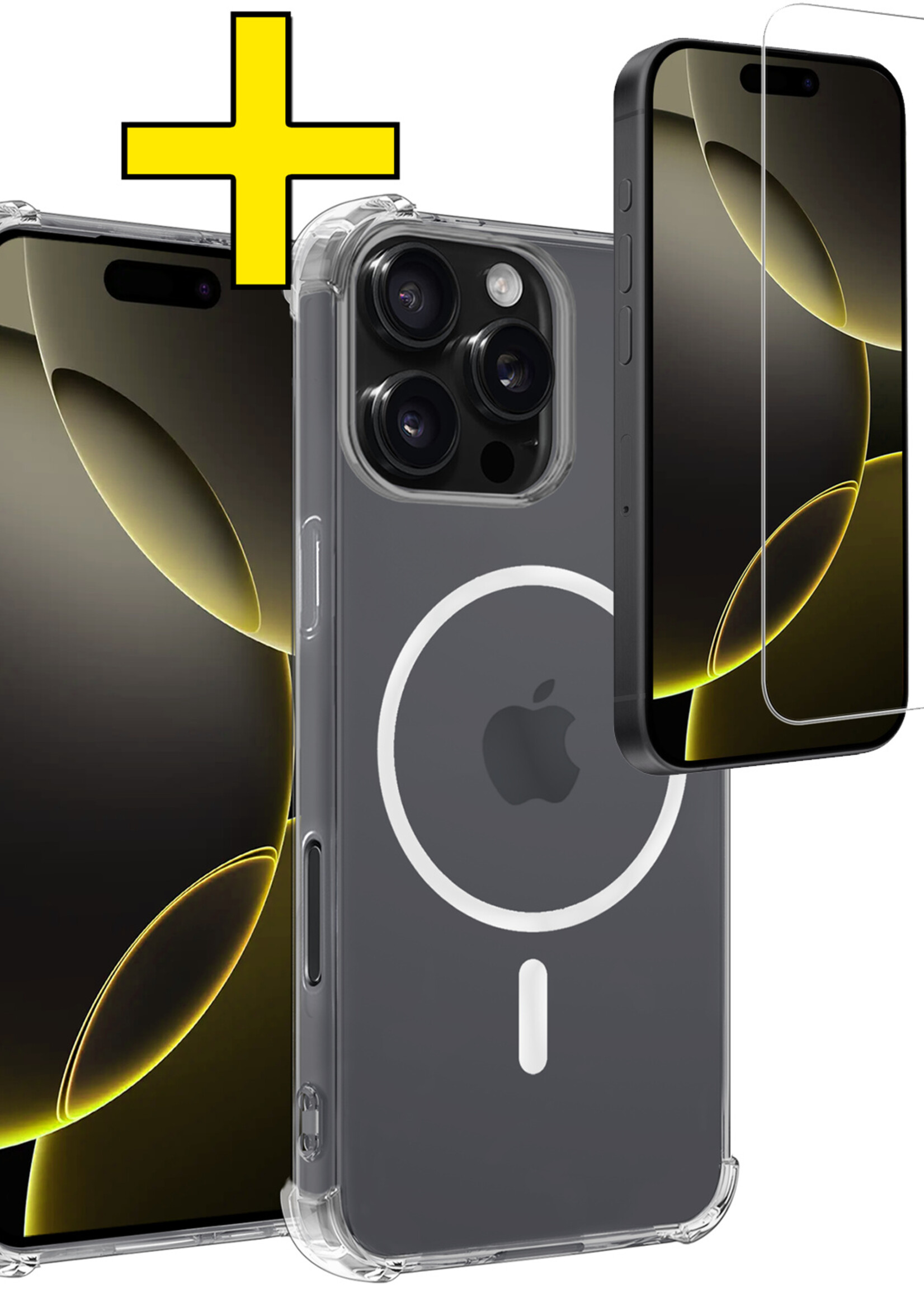 LUQ Hoesje Geschikt voor iPhone 16 Pro Hoesje Geschikt voor Magsafe Siliconen Shock Proof Case Met Screenprotector - Transparant