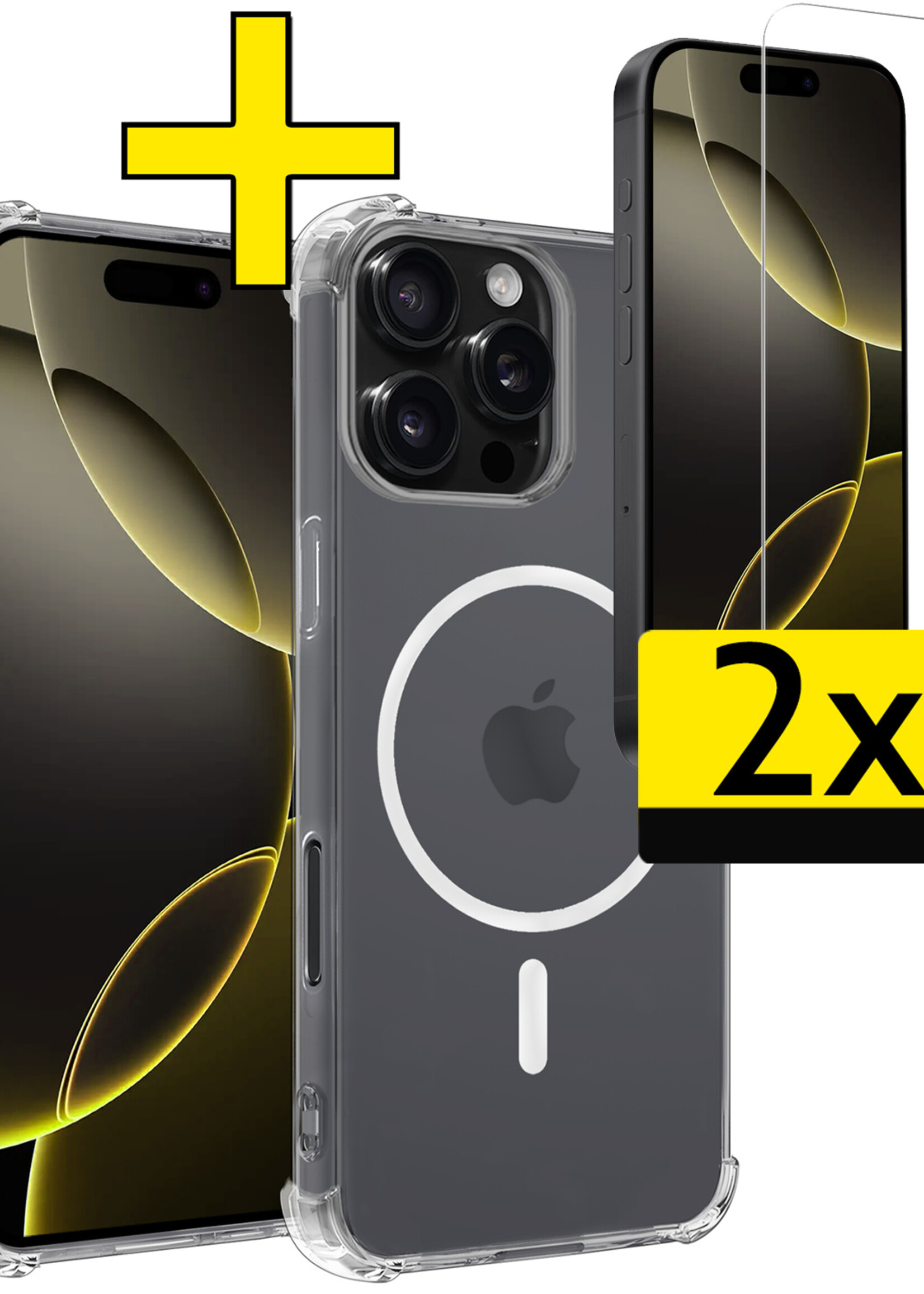 LUQ Hoesje Geschikt voor iPhone 16 Pro Hoesje Geschikt voor Magsafe Siliconen Shock Proof Case Met 2x Screenprotector - Transparant