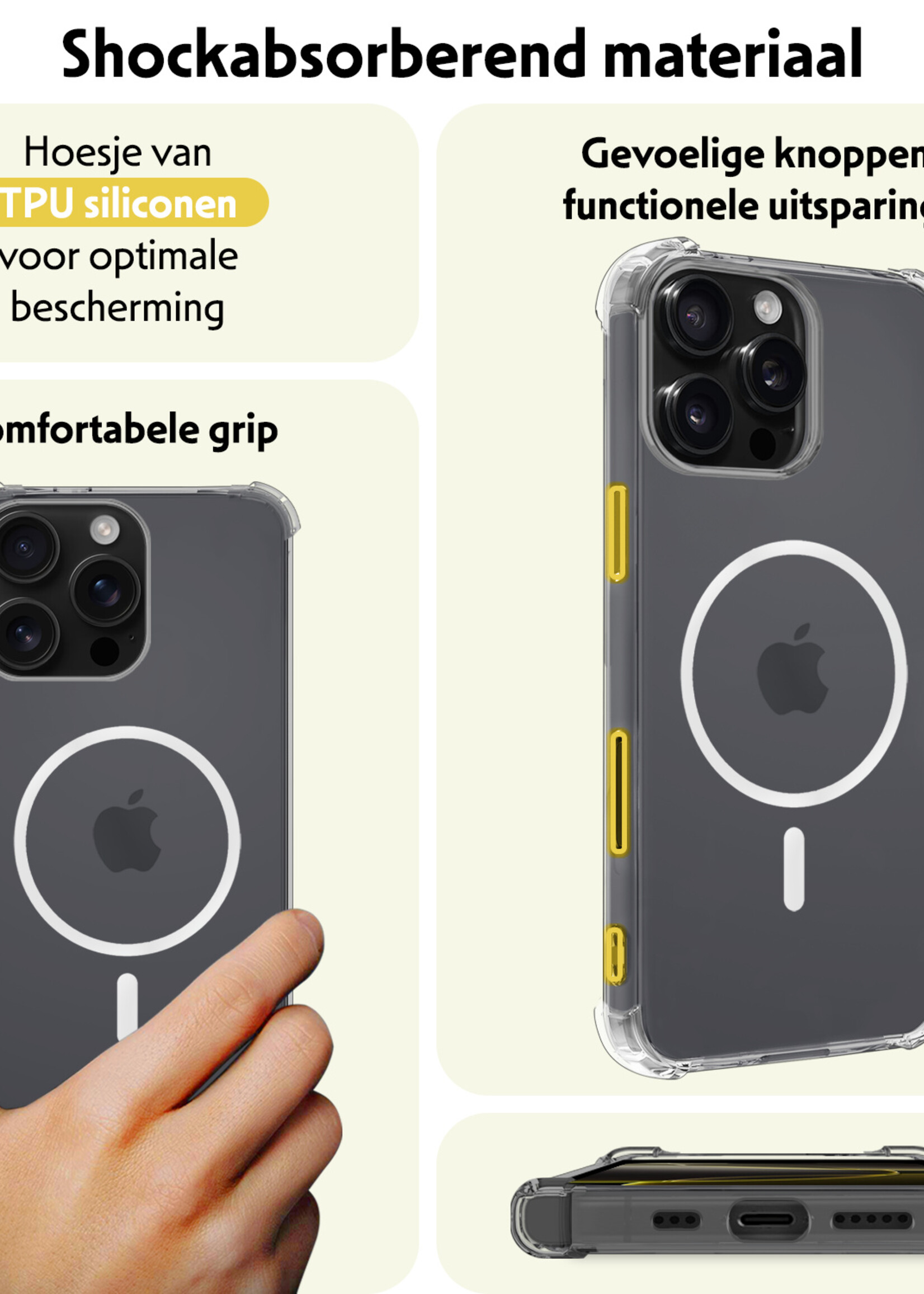 LUQ Hoesje Geschikt voor iPhone 16 Pro Hoesje Geschikt voor Magsafe Siliconen Shock Proof Case Met 2x Screenprotector - Transparant