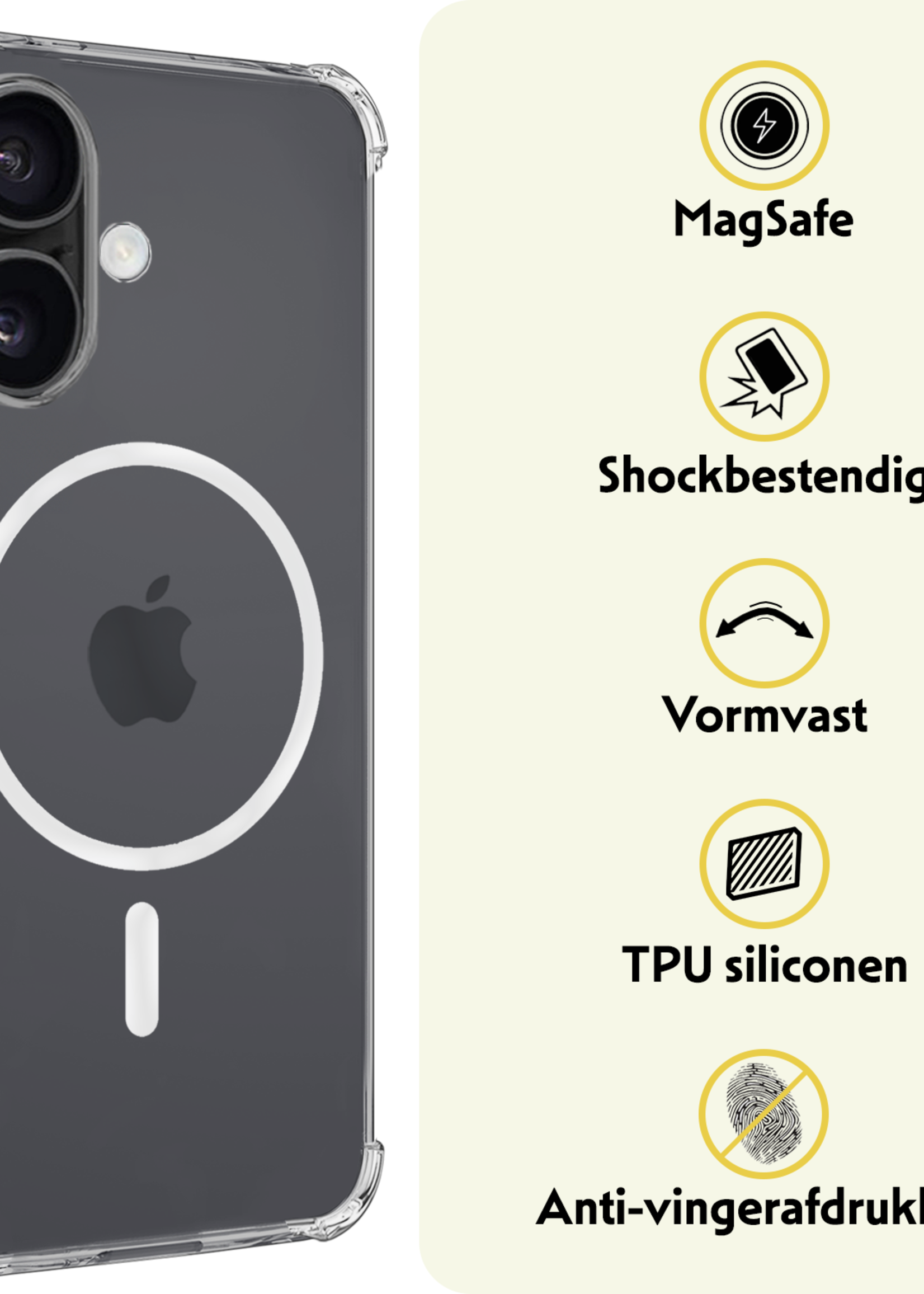 LUQ Hoesje Geschikt voor iPhone 16 Hoesje Geschikt voor Magsafe Siliconen Shock Proof Case Met Screenprotector - Transparant