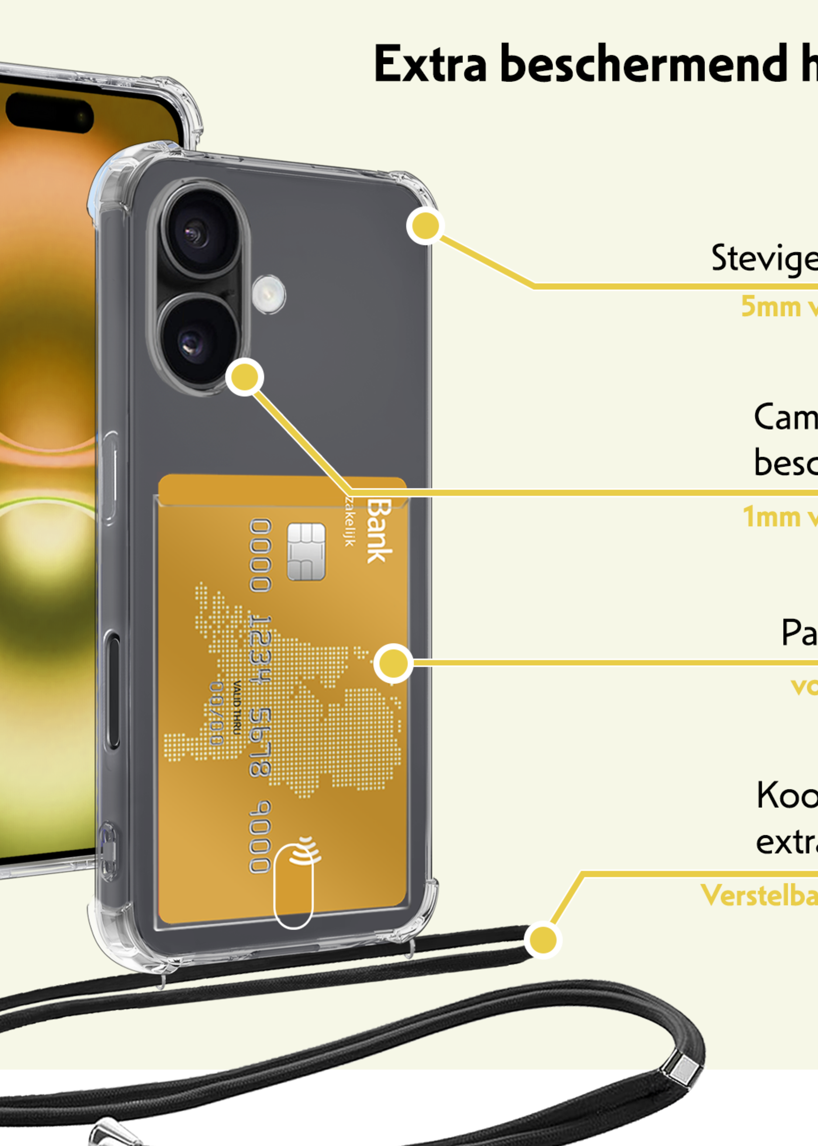 LUQ Hoesje Geschikt voor iPhone 16 Telefoonhoesje Met Koord Case Pashouder Siliconen - Hoes Geschikt voor iPhone 16 Hoesje Met Kaarthouder - Transparant