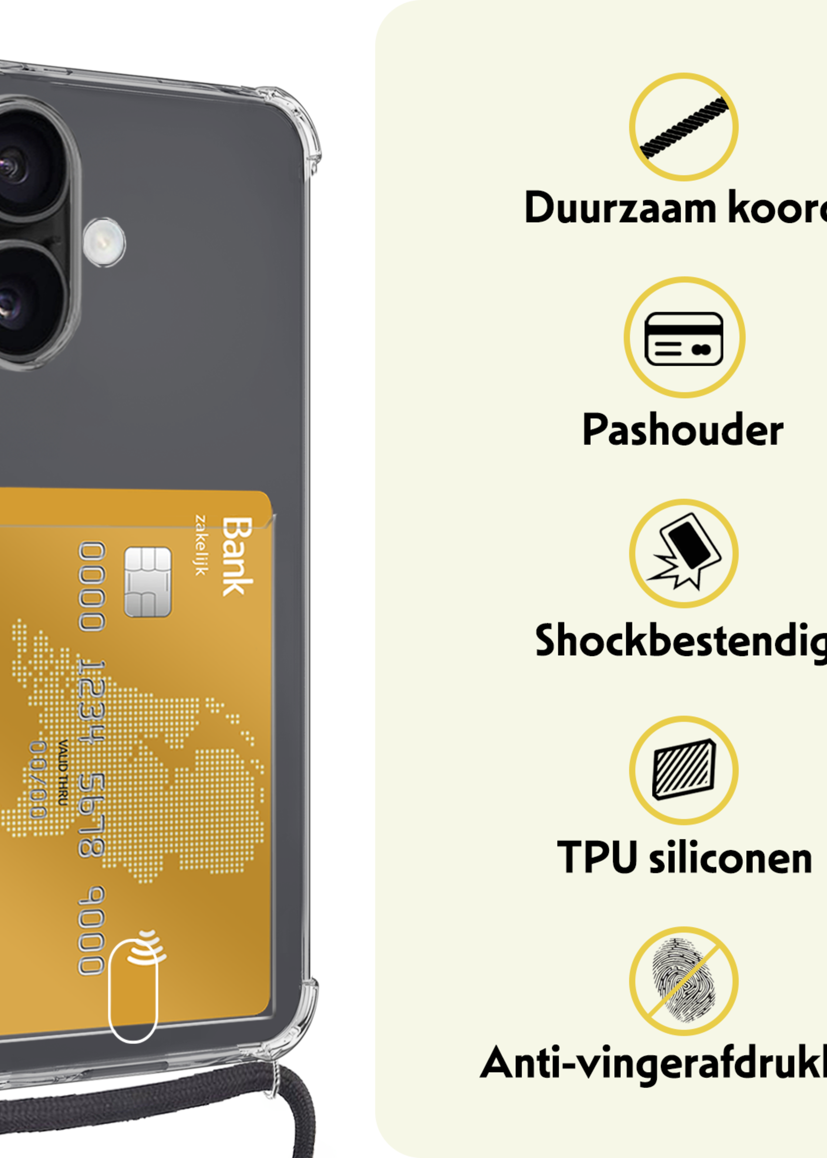 LUQ Hoesje Geschikt voor iPhone 16 Telefoonhoesje Met Koord Case Pashouder Met Screenprotector Siliconen - Hoes Geschikt voor iPhone 16 Hoesje Met Kaarthouder - Transparant