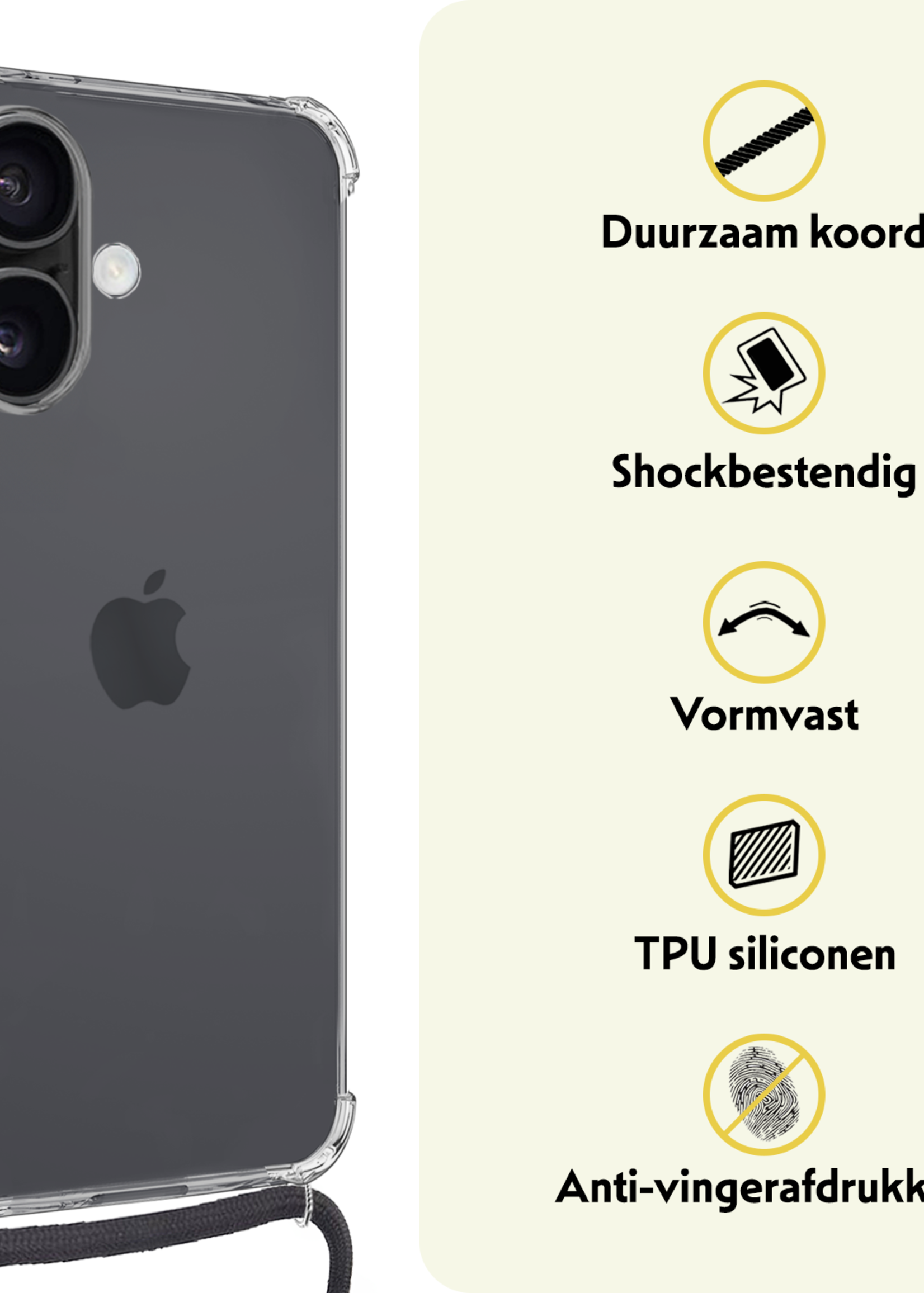 LUQ Hoesje Geschikt voor iPhone 16 Hoesje Shockproof Case Siliconen Hoes Met Koord - Transparant