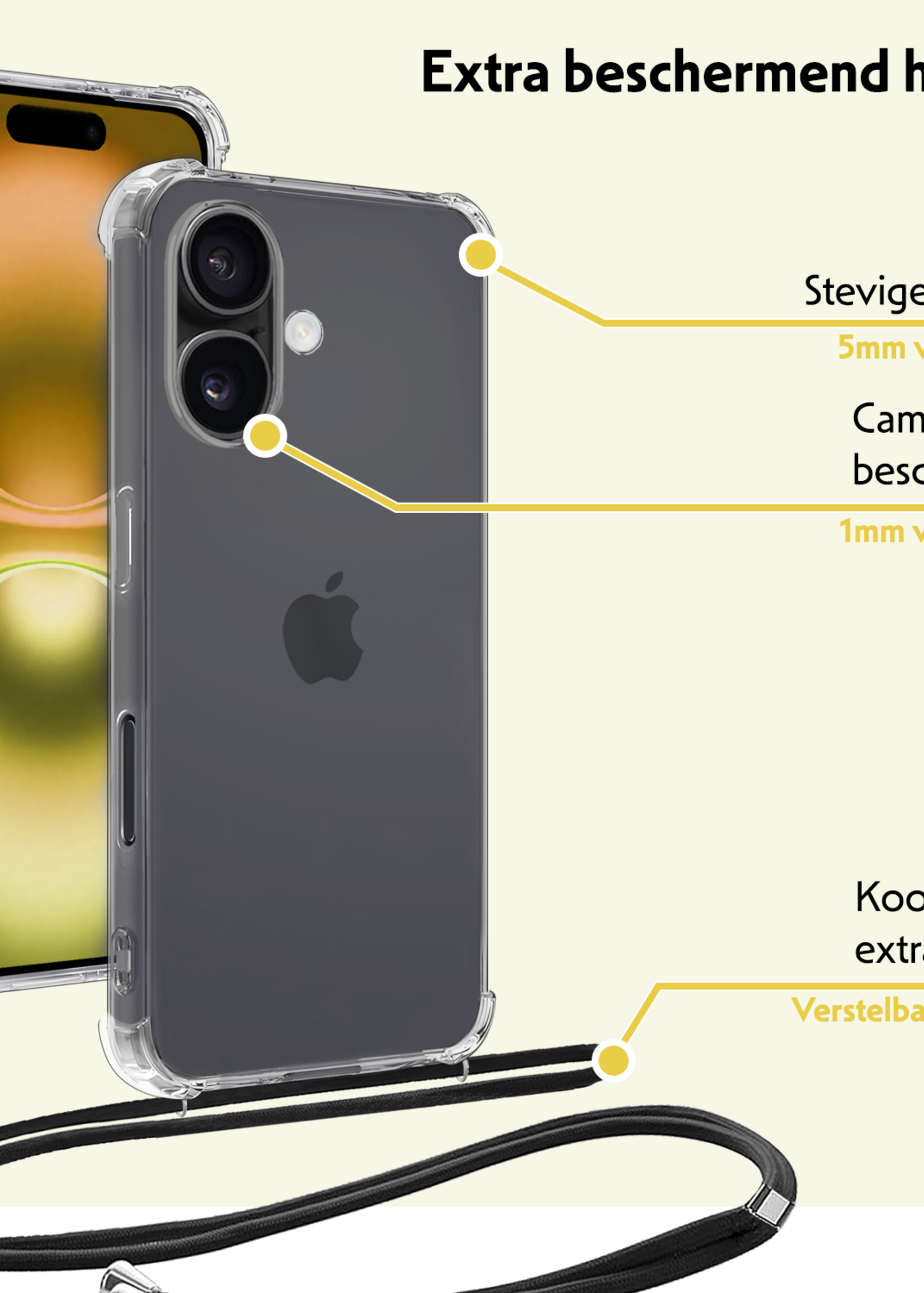 LUQ Hoesje Geschikt voor iPhone 16 Hoesje Shockproof Case Siliconen Hoes Met Koord - Transparant