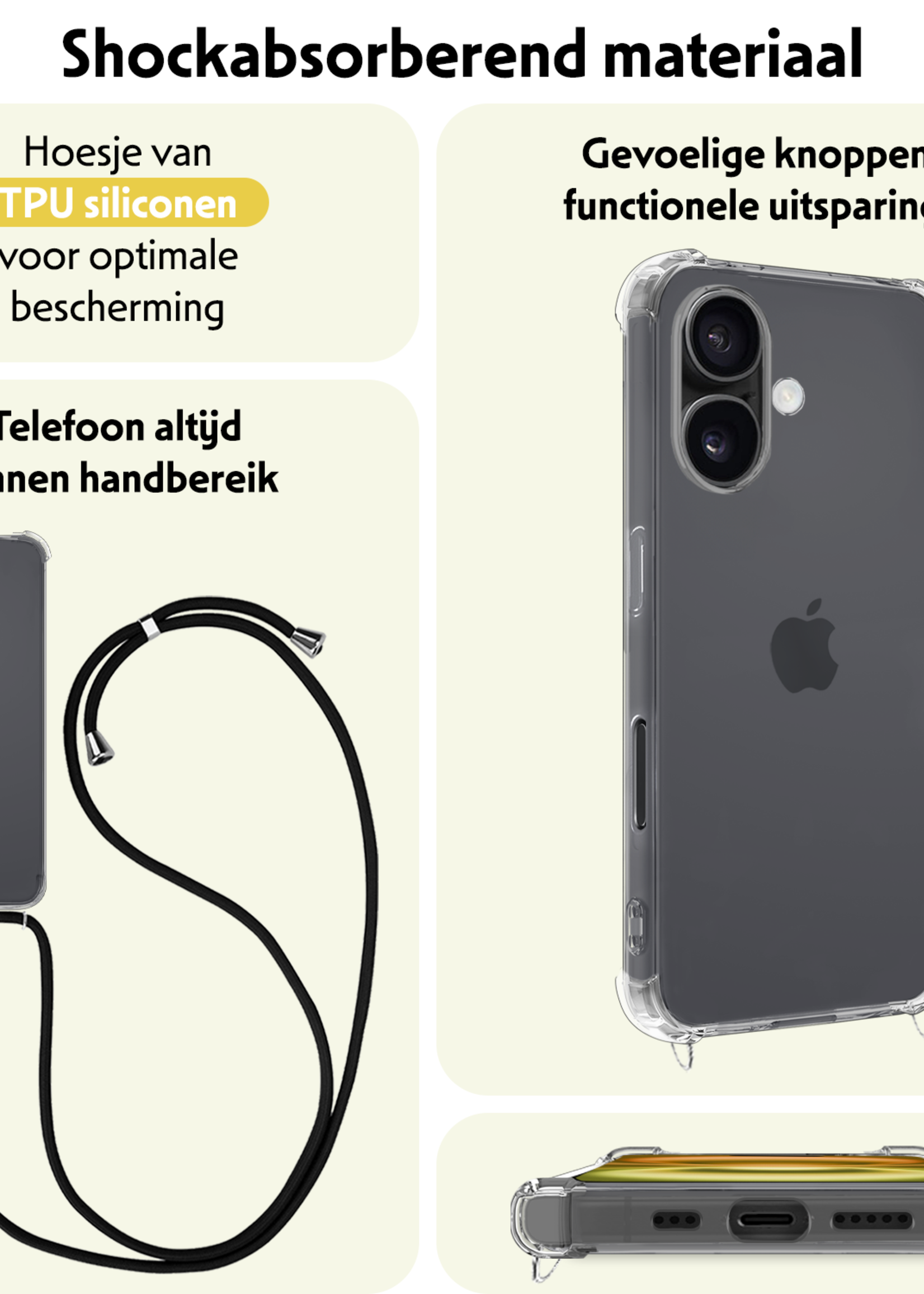 LUQ Hoesje Geschikt voor iPhone 16 Hoesje Shockproof Case Siliconen Hoes Met Koord - Transparant