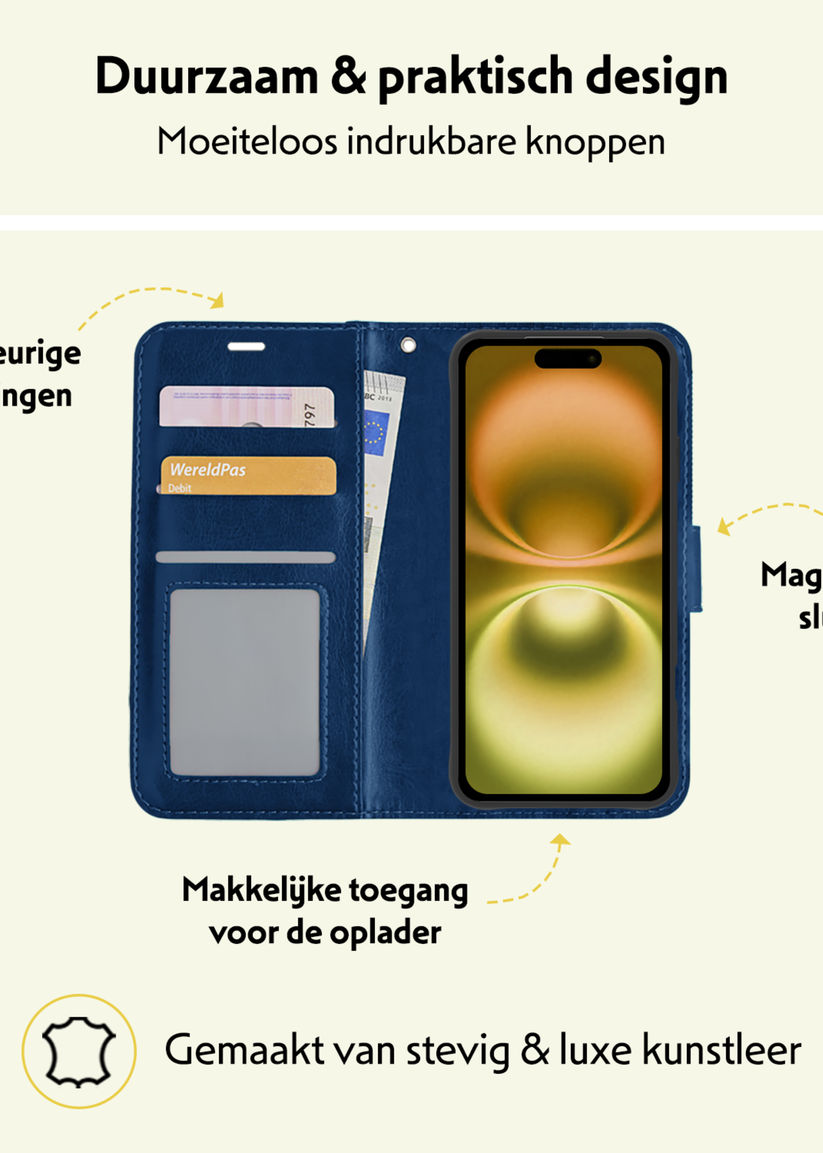 LUQ Hoesje Geschikt voor iPhone 16 Hoesje Book Case Hoes Wallet Cover - Hoes Geschikt voor iPhone 16 Hoesje Bookcase Hoes - Donkerblauw