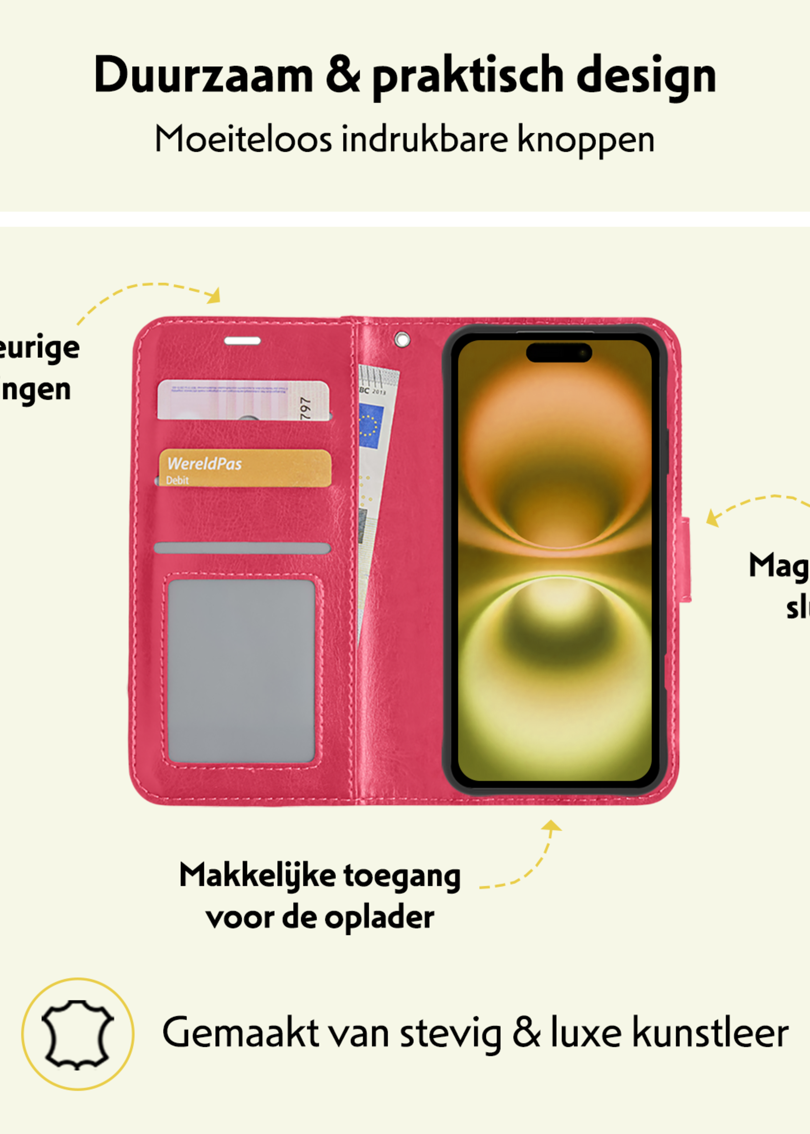 LUQ Hoesje Geschikt voor iPhone 16 Hoesje Book Case Hoes Wallet Cover - Hoes Geschikt voor iPhone 16 Hoesje Bookcase Hoes - Donkerroze